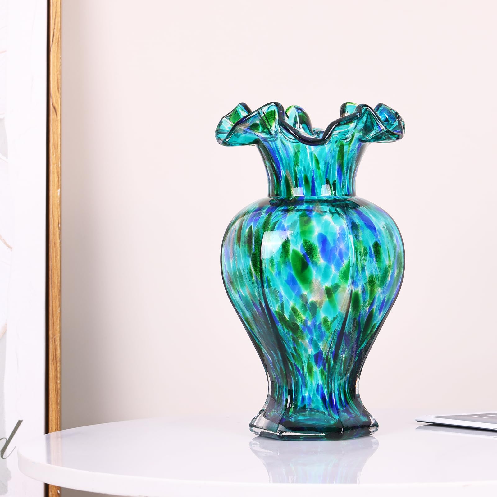 LCCCK Jarrón de Cristal Azul Turquesa de 9.5 Pulgadas de Alto, Hermoso jarrón de Flores de Vidrio soplado a Mano para centros de Mesa, Moderno jarrón de Cristal de Murano, para decoración del hogar