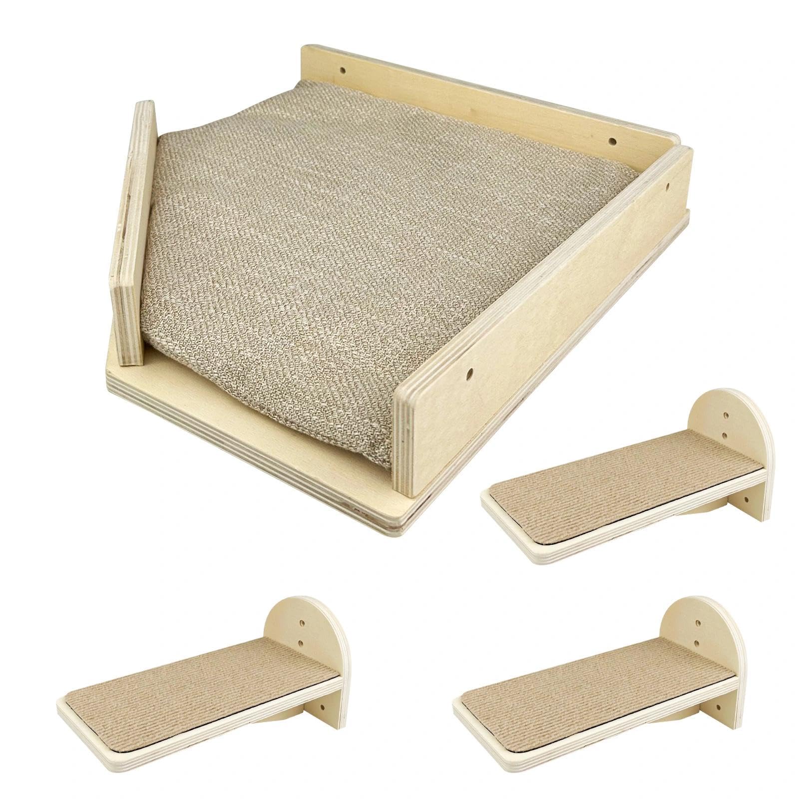 4er Set Kletterwand Katzen, Katzen Wandelemente,Katzentreppe Wand | Katzenbretter für Die Wand, Katzenwandmöbel Set, Katzenleiter Wand für Katze Klettern Spielen Faulenzen(Massivholz)
