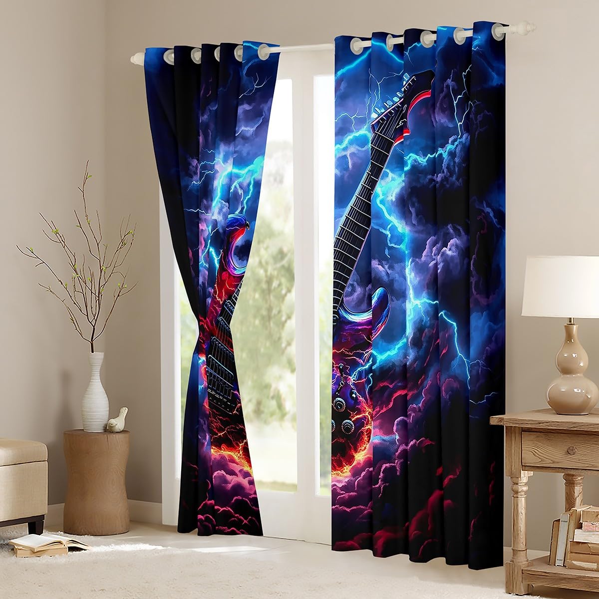 Tende per finestre con chitarra elettrica, fiamme fulmini per ragazzi e ragazze, con musica rock, decorazione per la casa, tende per finestre per soggiorno e camera da letto, 167 x 228 cm