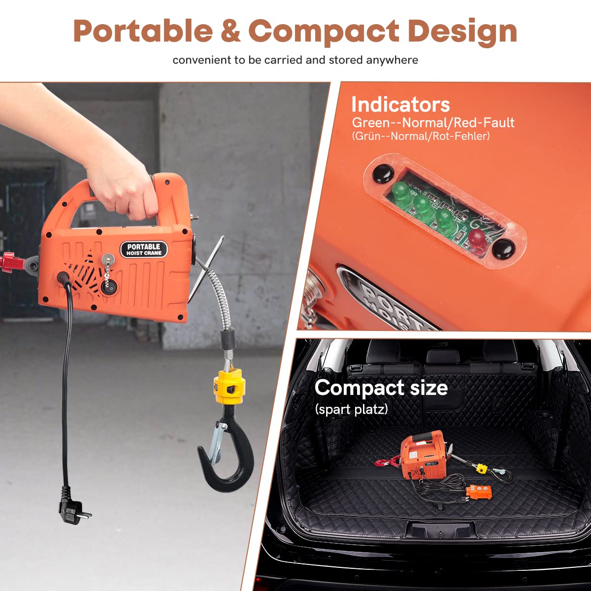 3 en 1 Polipasto Eléctrico 500KG,1500W Montacargas Cabrestante Eléctrico Portátil 220V con Eslinga de 7.6m para Elevación,Manual/Cable/Control Remoto,5M/Min