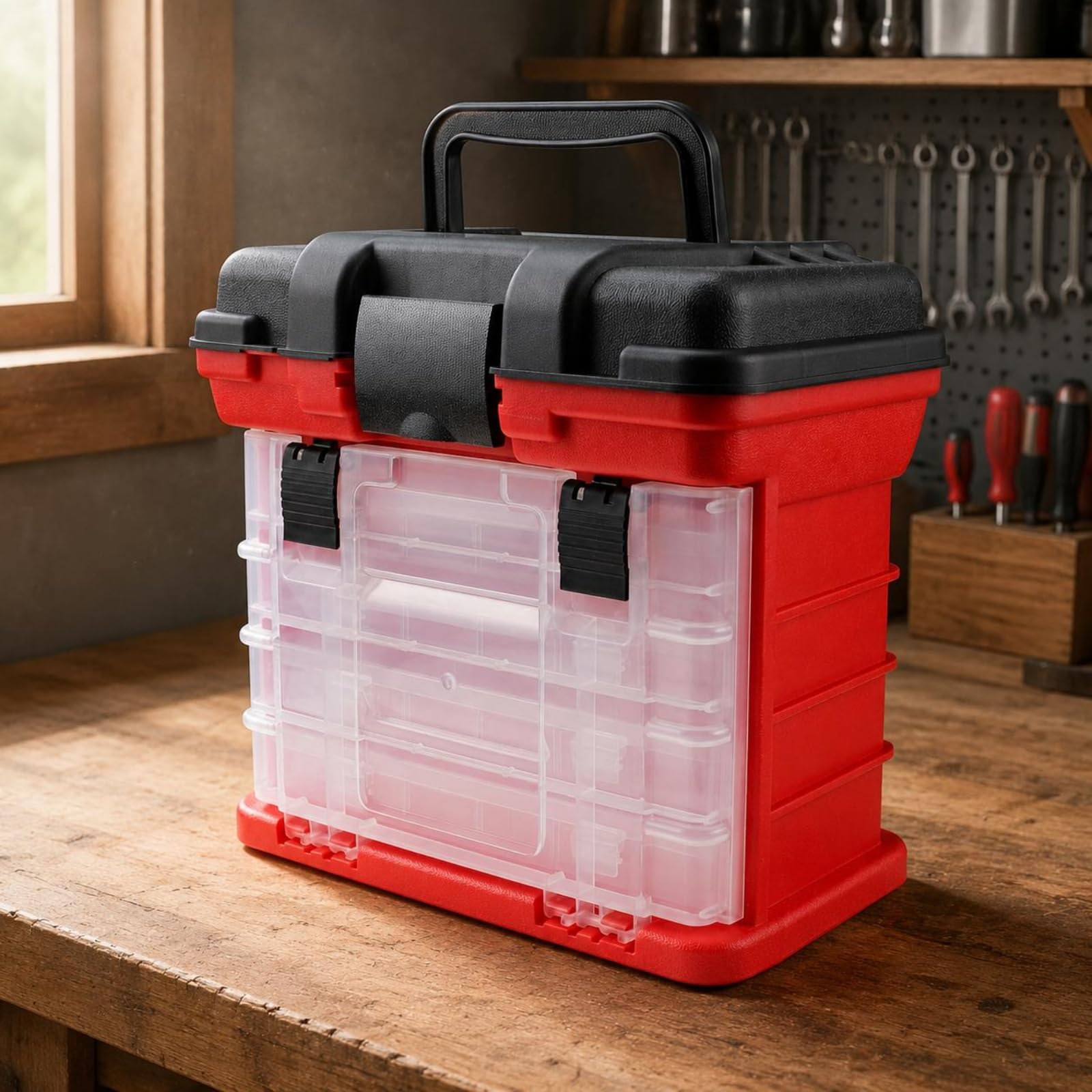 Contenitore da Pesca Tackle Box Valigetta Organizer per Esche Ami Piccoli Accessori con 2 Strati 4 Cassetti in PP Resistente Adatto a Uscite in Kayak Spiaggia Pontile Pesca, Rosso