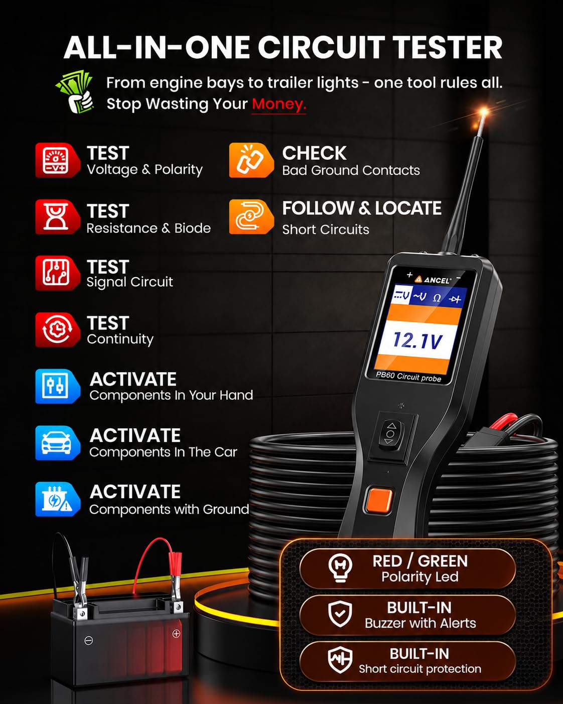 ANCEL PB60 Automotive Power Circuit Probe Tester 12-24 V Ohmmeter