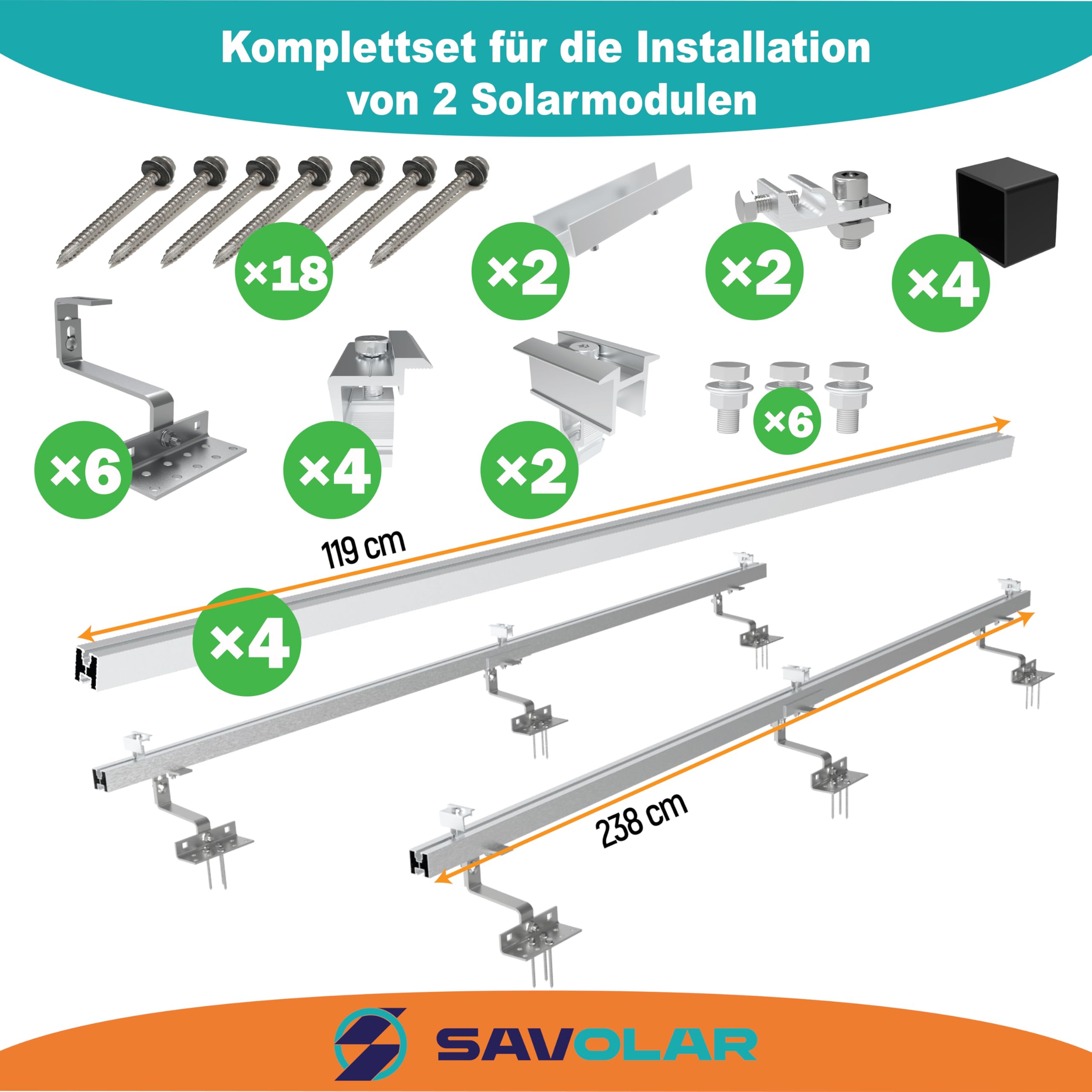Kit de montage pour 2 panneaux - Crochet de toit en acier inoxydable - Profilés en aluminium - Compatible avec les panneaux solaires de 30 à 40 mm