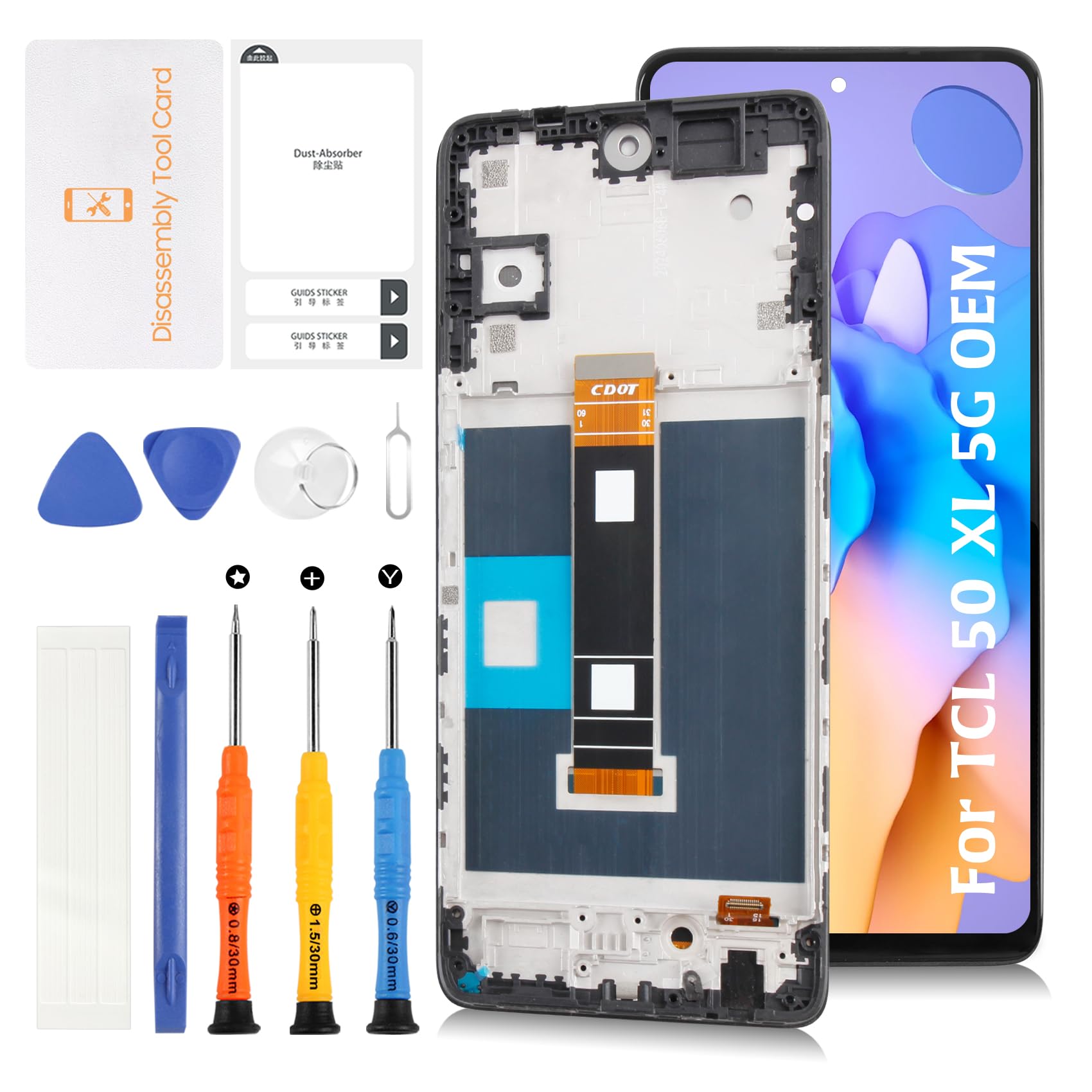 Olivechard Original for TCL 50 XL 6.78" +Frame LCD Screen Replacement 50XL 5G T702W LCD Display Touch Digitizer Screen Assembly with Repair Tools