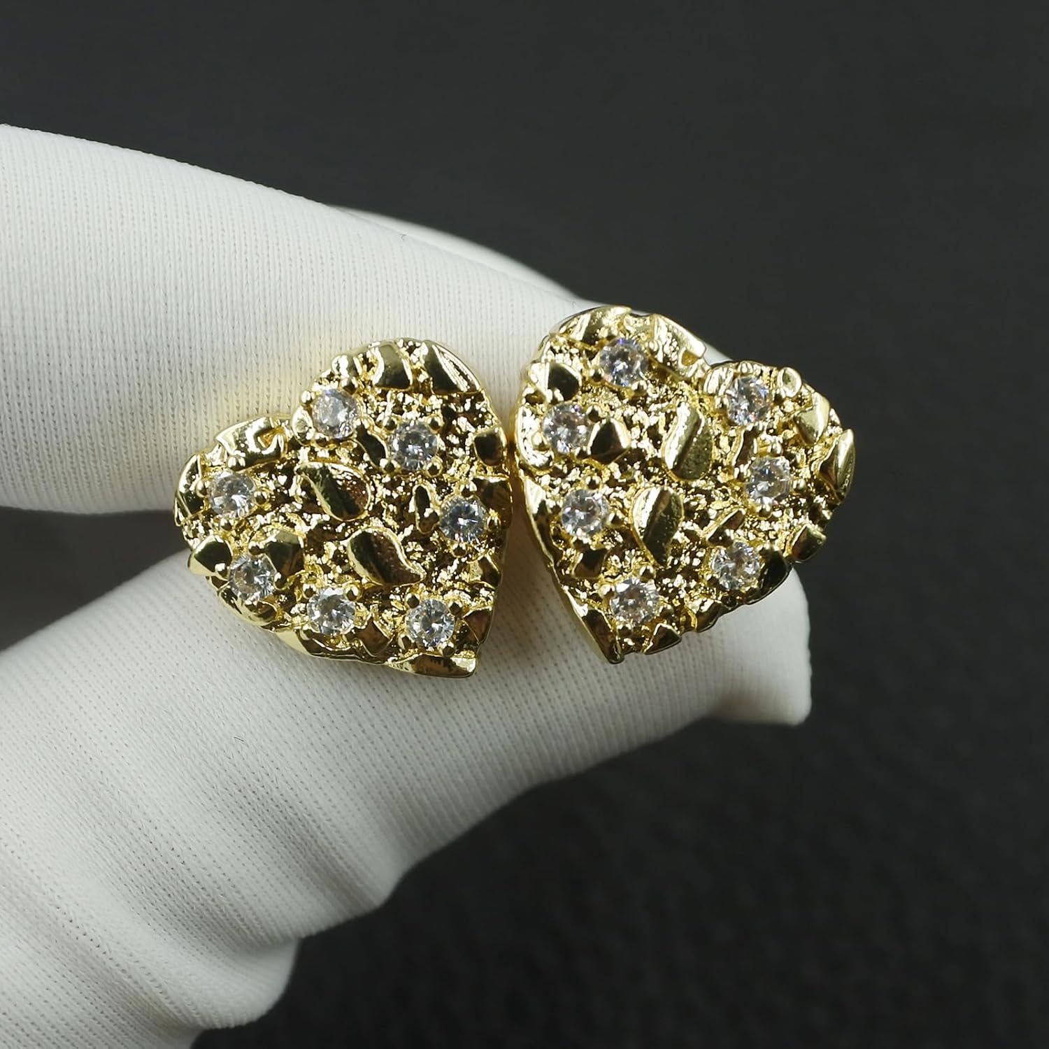 14K Gold Plated Rough Textured Cookie Nugget Earrings For Women Nugget Stud Cubic Zirconia CZ Heart Shape Gold Studs Earrings - Image 4