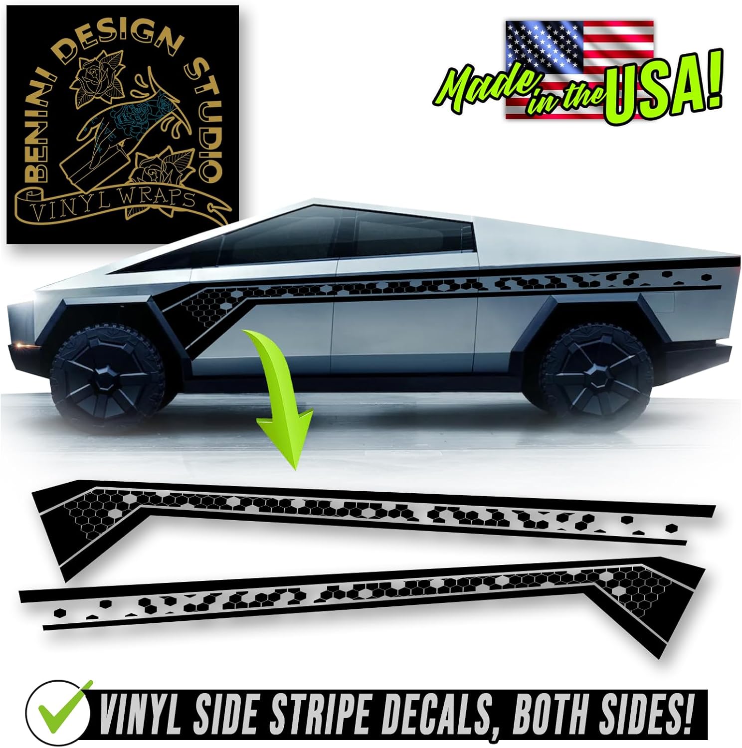 Side Hockey Stick Vinyl Racing Stripes - Compatible with 2023 and up Tesla Cybertruck Beast, fountation and All Models and Trims (Matte Black)