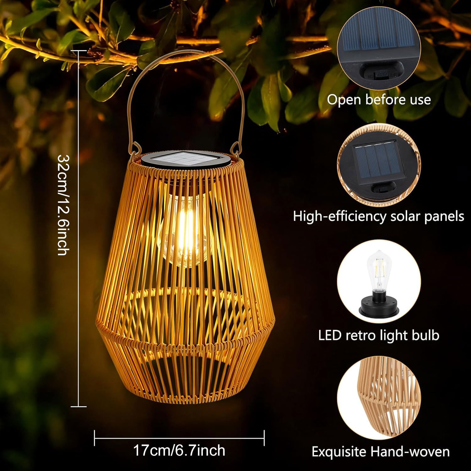 2 lanterne solari per esterni, lampade solari da giardino da appendere, lanterna intrecciata in fibra naturale, lampade solari in stile rattan bohémien, decorazione da giardino per esterni, per