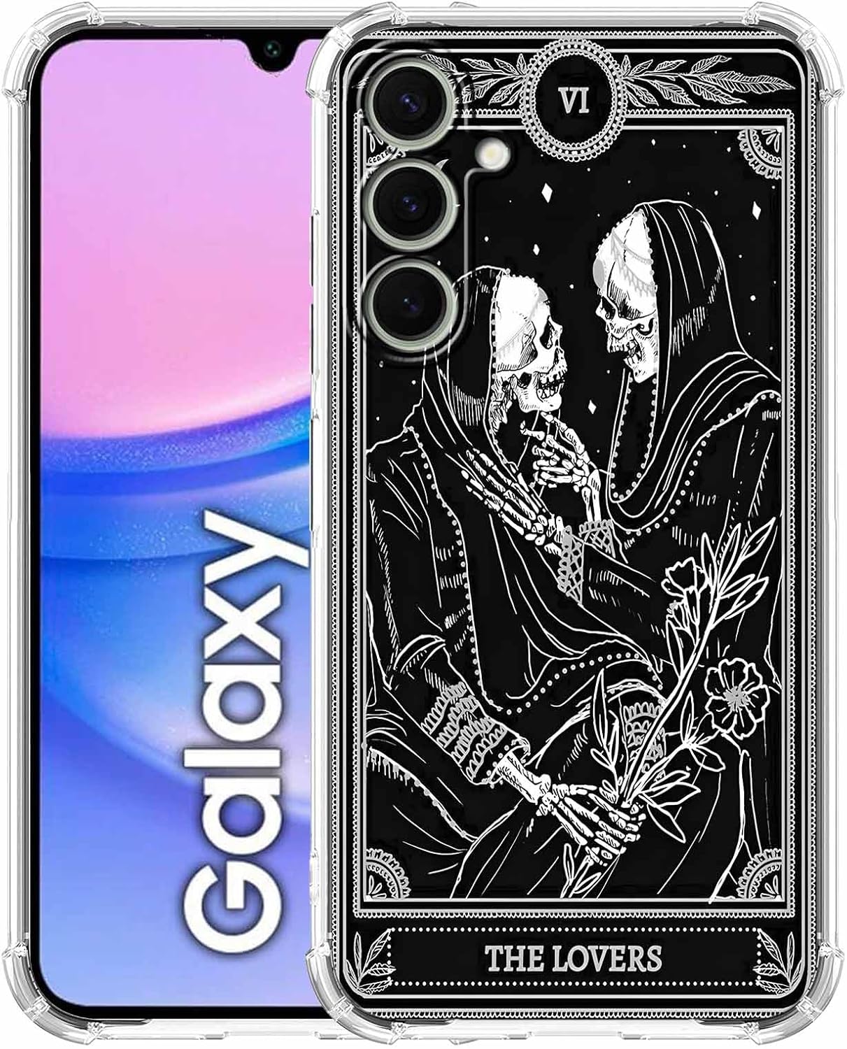 The Lovers Tarot Card Case for Samsung Galaxy A15,Trippy Hippie Black Skull Pattern,Soft TPU Protective Cover Case Compatible with Galaxy A15