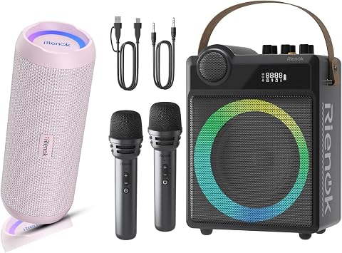 RIENOK Portable Bluetooth Speaker 30W Plus 100W Voice Amplifier with 2 Wireless Microphones