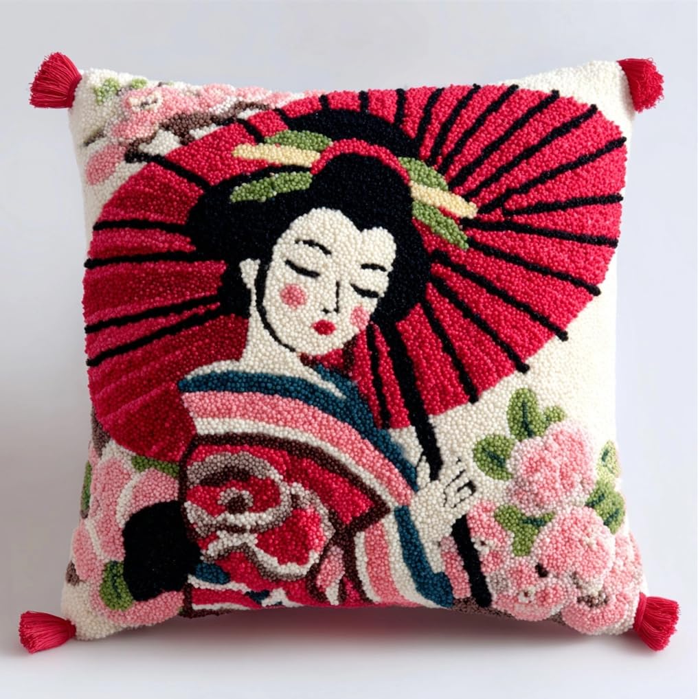 Taxpy Animal Latch Hook Cushion Kit, Japanese Geisha Knitting Kits Cushion, 43X43Cm/17X17 Inch Rug Making Kit for Starters, Latch Hook Kits for Beginners Adults Or