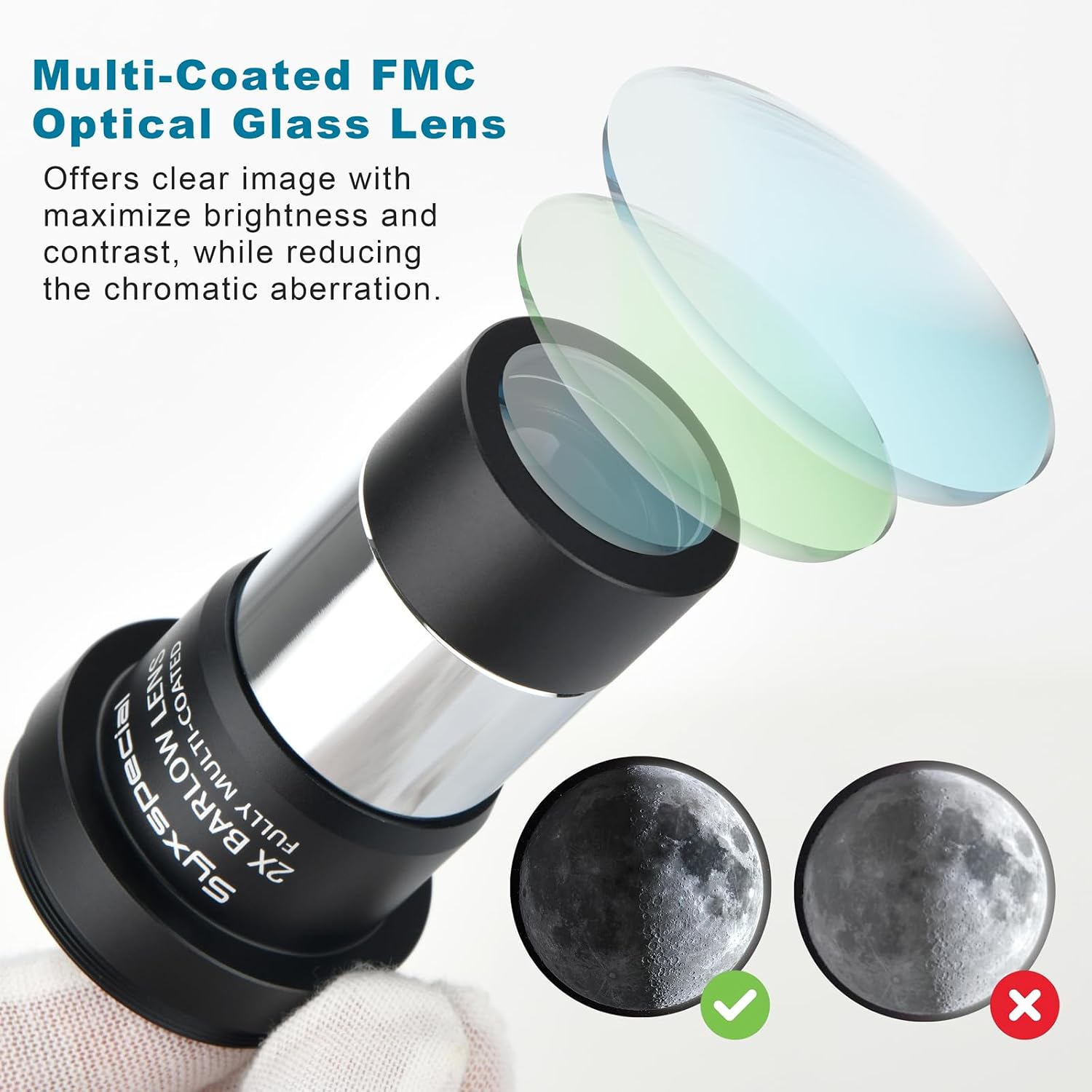 Barlow Lens 2X, Syxspecial 1.25 Inch Fully Multi-Coated Metal Barlow Lens with M42 Thread Camera Connect Interface for Telescope Eyepiece