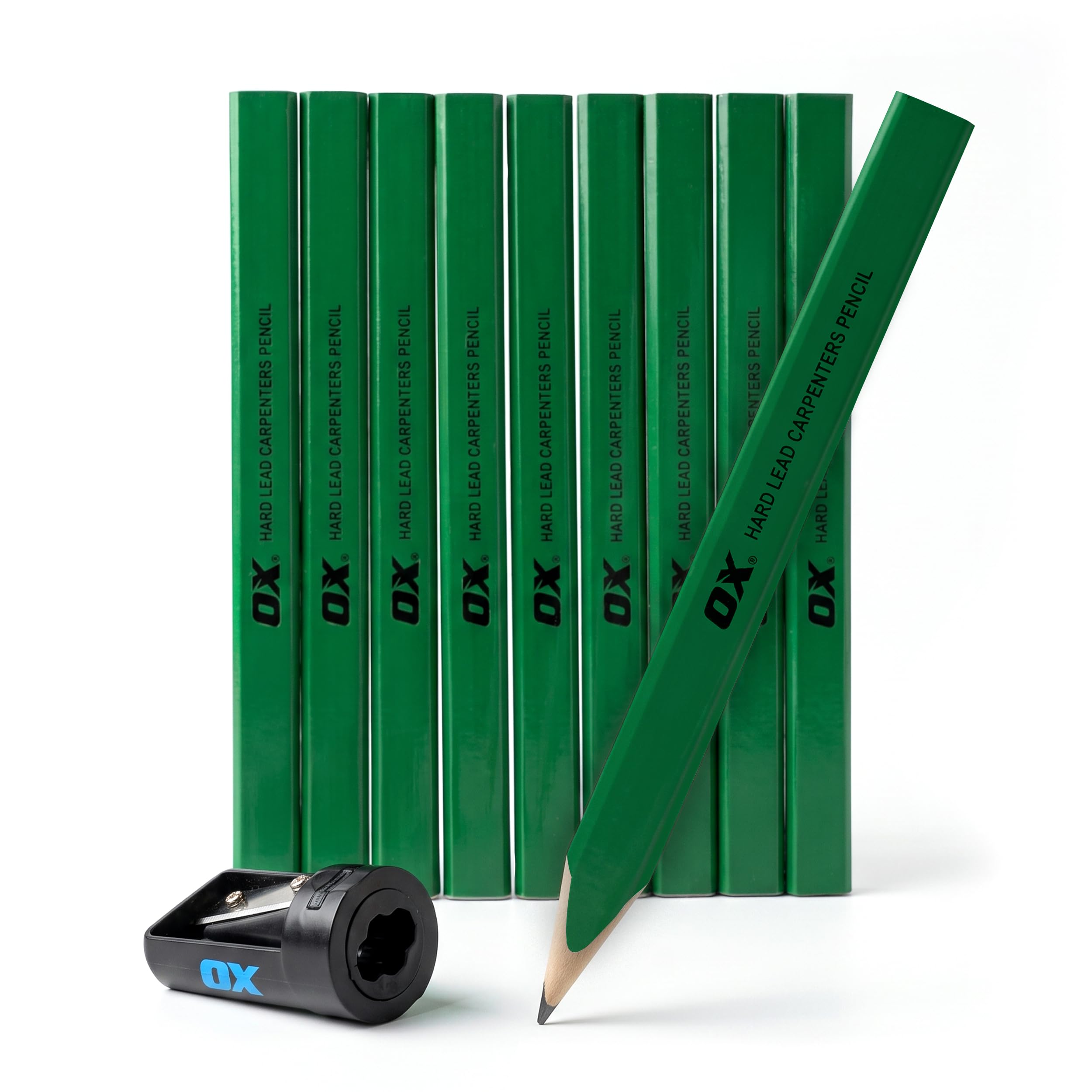 OX Trade Hard Green Carpenter Pencils 10 Pack 2H Lead Sharpener OX-T023010