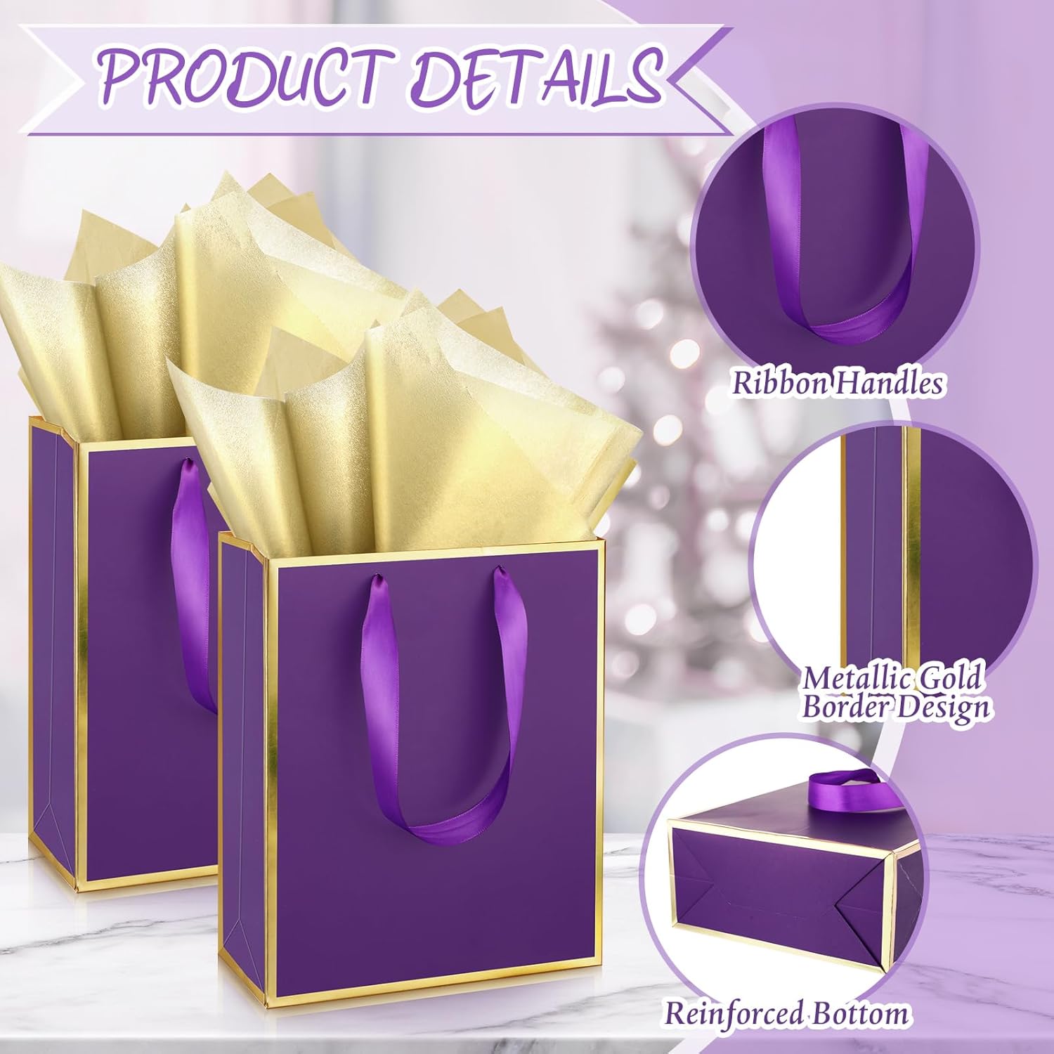 Yeaqee 24 Pack Metallic Paper Gift Bags with Handle and Tissue 9x7x3.1 Gold Foil Welcome Thank You Favor Bags Return Gifts for Wedding St. Patrick's 5 Senses Bridesmaid Birthday(Purple Gold) - Image 3
