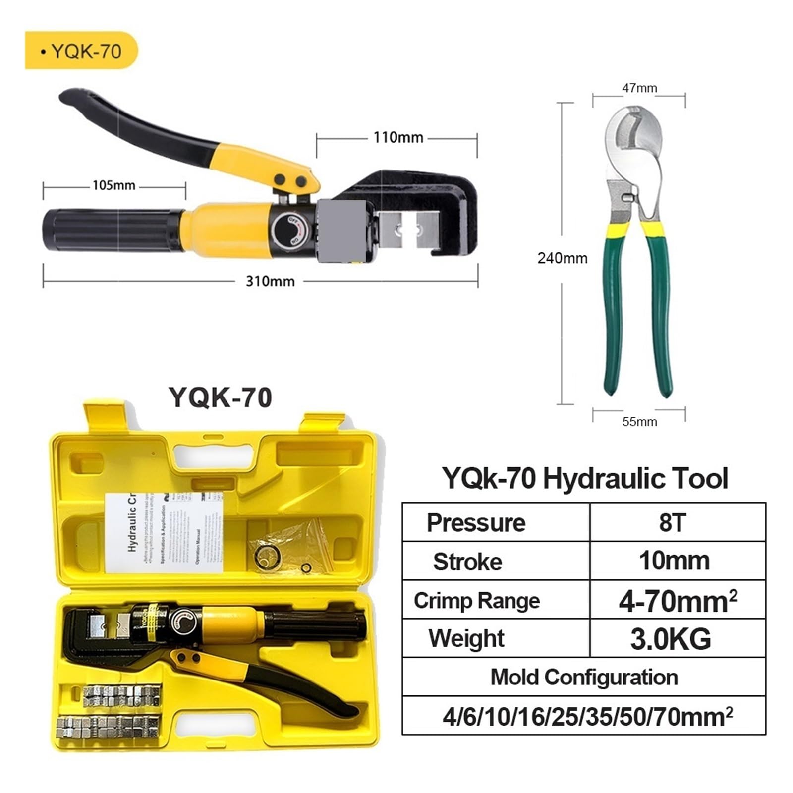 4-70mm² hydrauliczne szczypce do zaciskania, YQK-70 ciśnienie 8T domowe narzędzia hydrauliczne szczypce hydrauliczne, DIY szczypce do zaciskania końcówek kablowych,Wytrzymały i Wytrzymały(YQK-70-B)