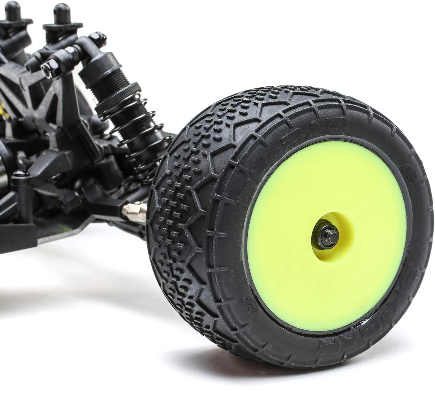 Close-up of the front wheel and suspension assembly of the Losi Mini-T 2.0.