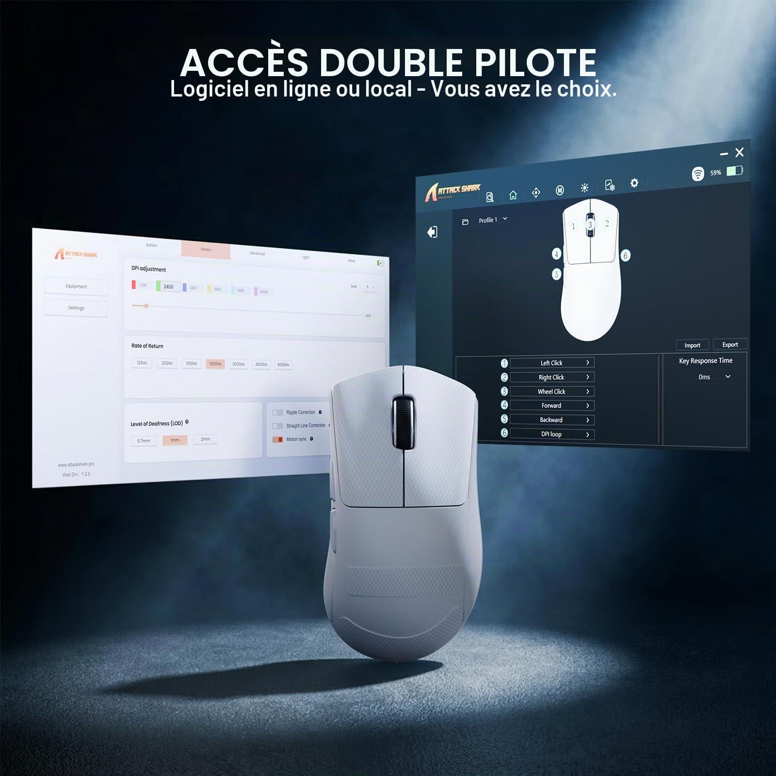ATTACK SHARK V8 Souris Gaming sans Fil 8000Hz, Puce Nordic 54L15, Capteur PAW3950MAX, 59g Superlight, 42000DPI, 20000FPS, Ergonomique, Revêtement Ice, Bluetooth / 2,4GHz / Filaire, PC/Win, Blanc