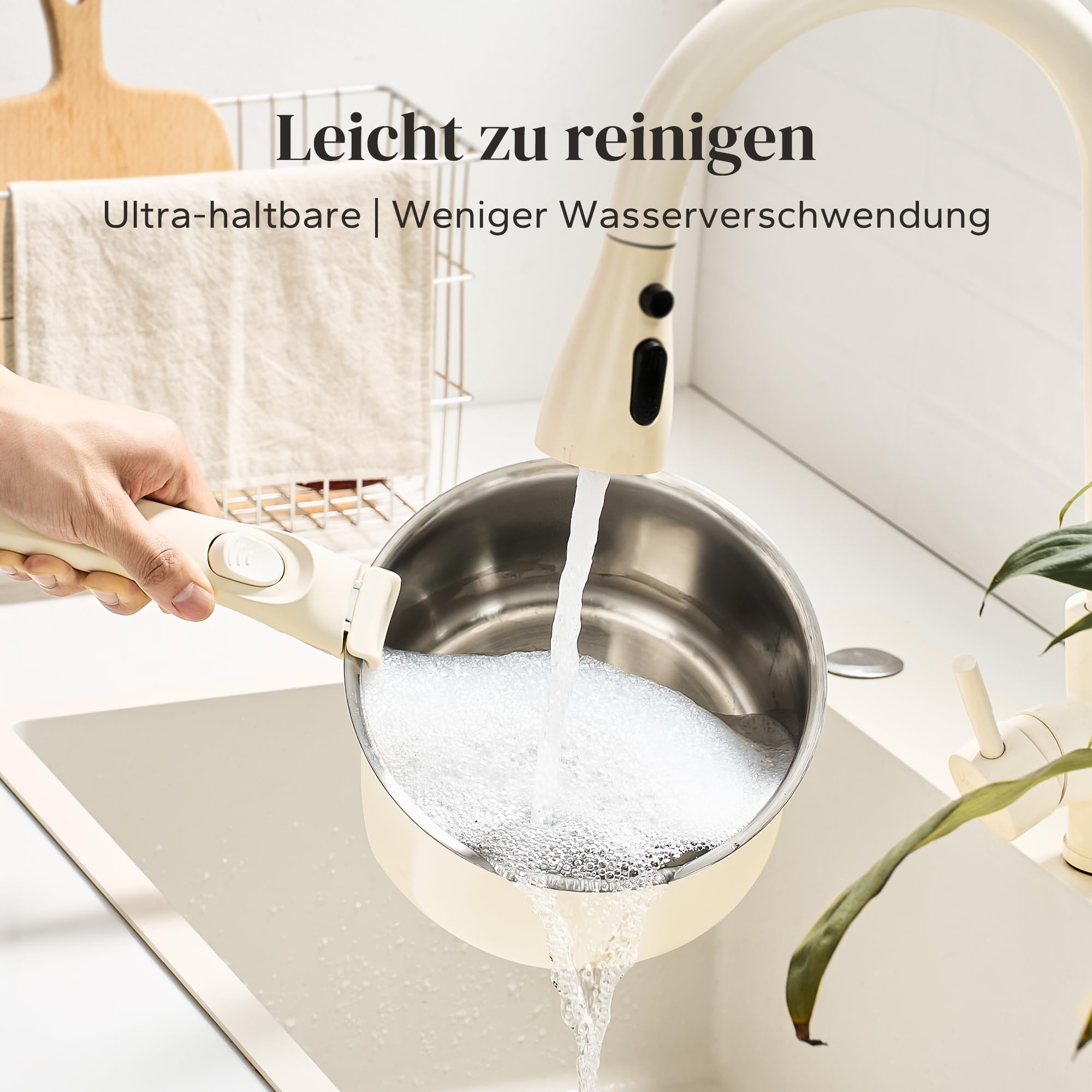 Redchef Batterie de cuisine induction acier inoxydable avec poignées amovibles, set 3 casseroles non revêtue 16/18/20 cm, compatible tous feux, couvercle 3 en 1, passe au four (beige)