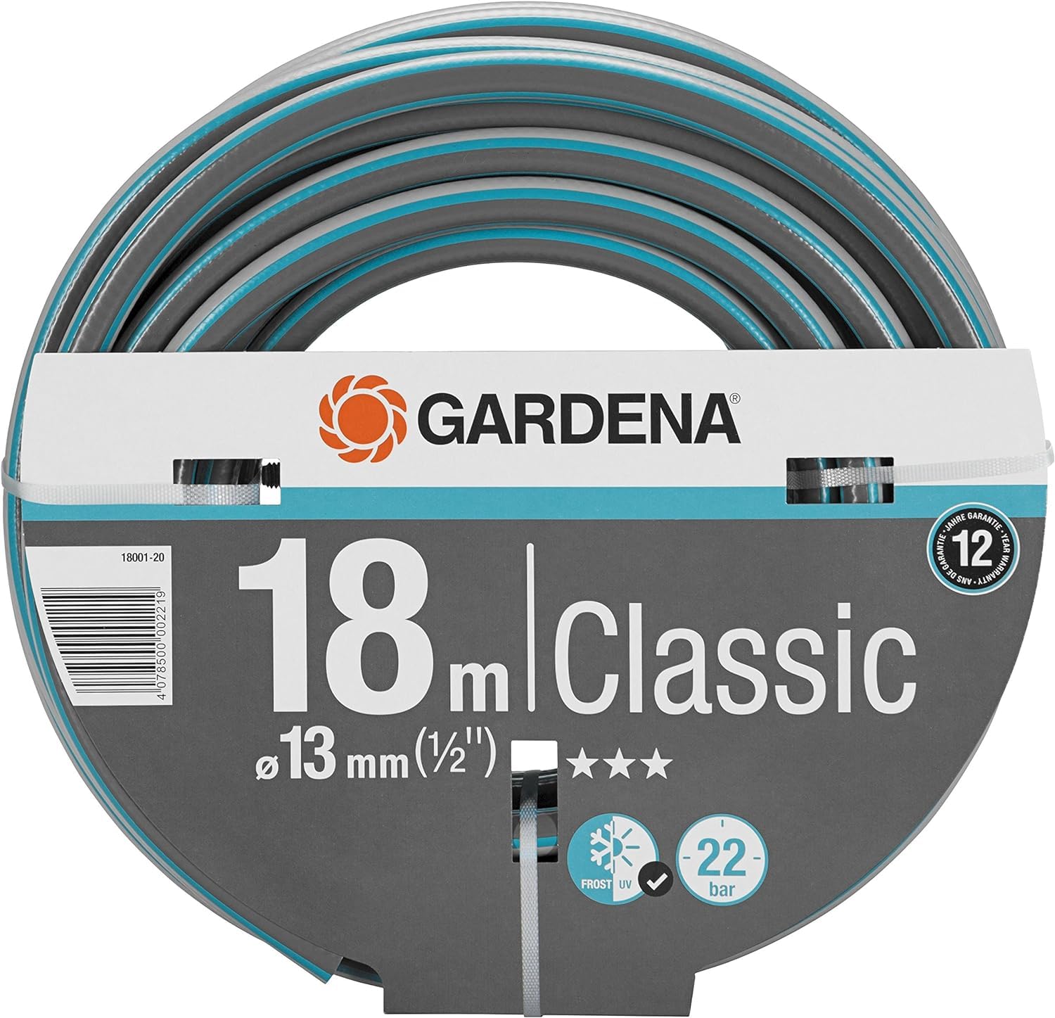 Gardena Gartenschlauch – Classic, 18 m, 13 mm (1/2 Zoll), 22 bar, UV-beständig, grau