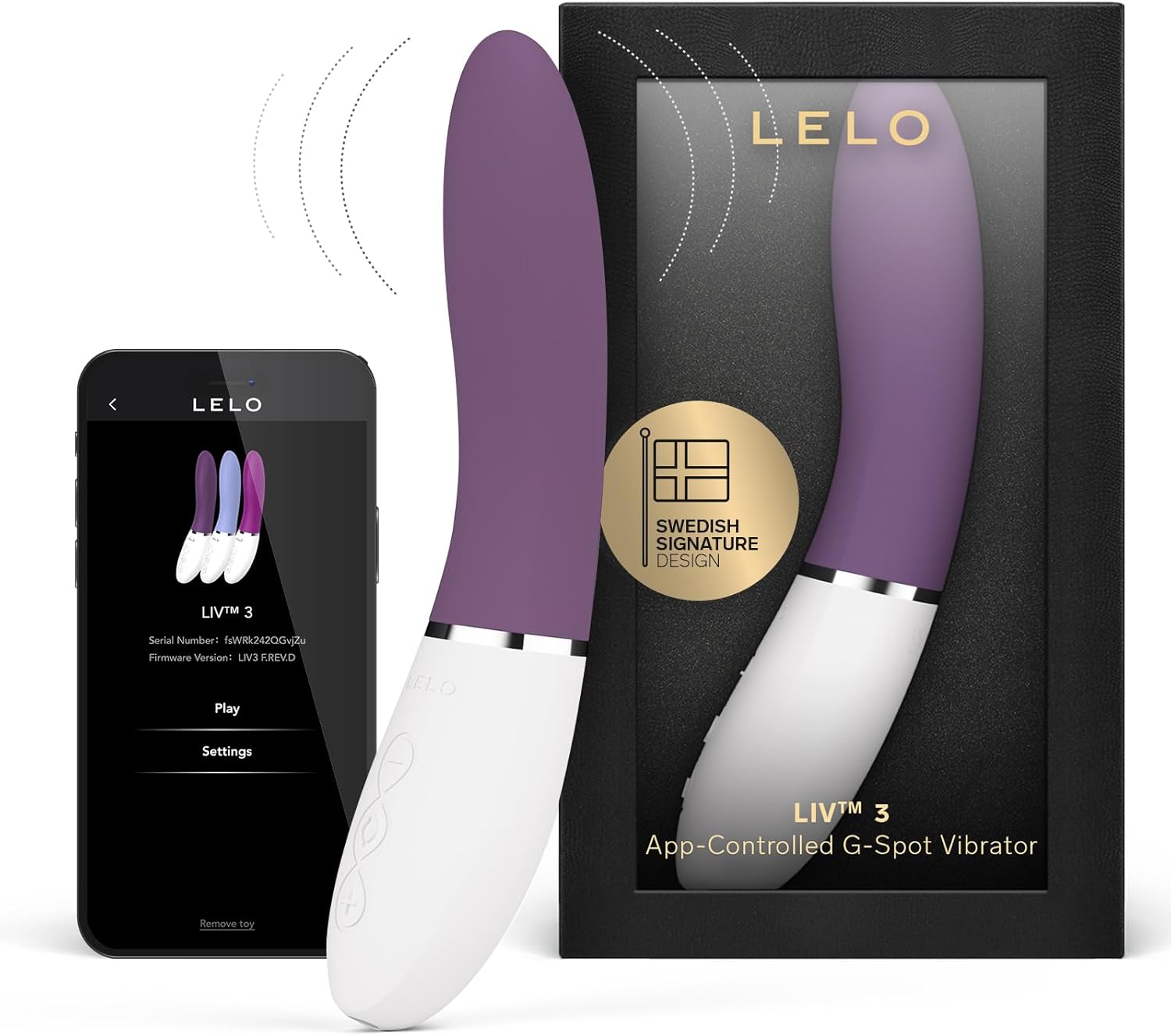 LELO LIV 3 vibrator in its packaging next to a smartphone displaying the LELO app interface.