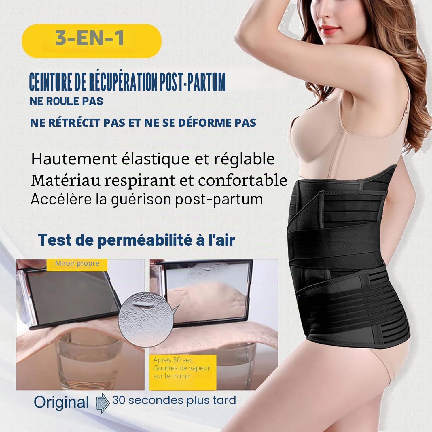Ceinture ventrale 3 en 1 post-partum, Ceinture ventre/taille/bassin de récupération, noir, taille unique