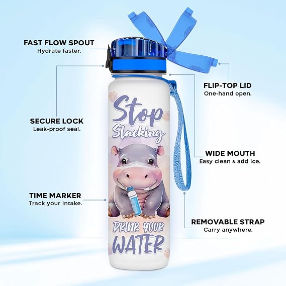 Cute Hippo Hydration Water Bottle 32oz, Stop Slacking Drink Your Water Motivational Bottle, Funny Hippopotamus Animal Gift for Women, Hippo Lover Gifts