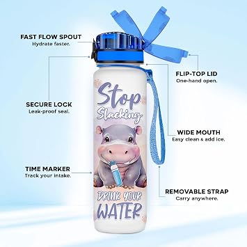 Cute Hippo Hydration Water Bottle 32oz, Stop Slacking Drink Your Water Motivational Bottle, Funny Hippopotamus Animal Gift for Women, Hippo Lover Gifts
