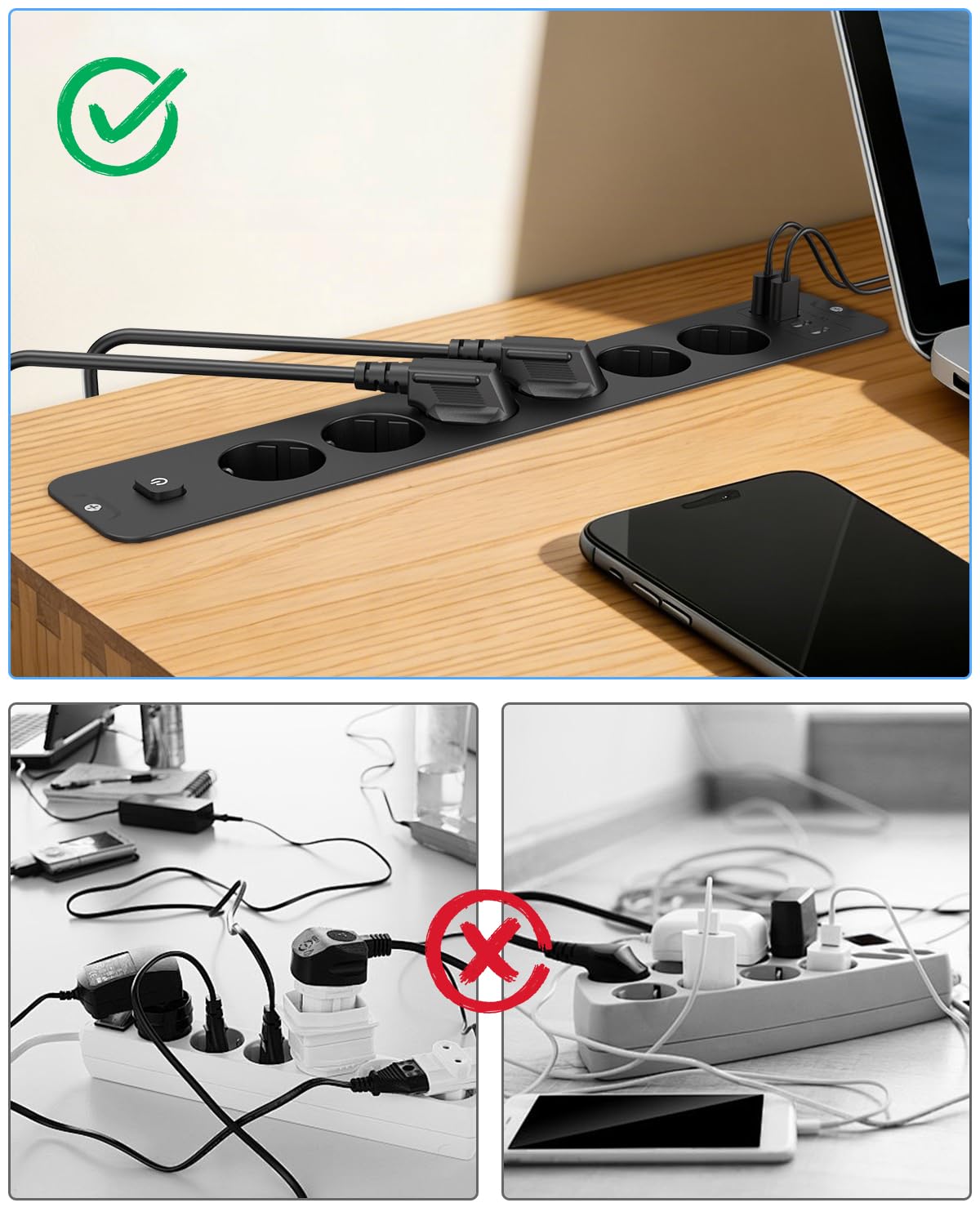 Enchufe empotrado con USB, enchufe de mesa retráctil con 6 enchufes, 4 USB (2 USB C PD 20 W), regleta para escritorio, armario, hogar y oficina (negro)