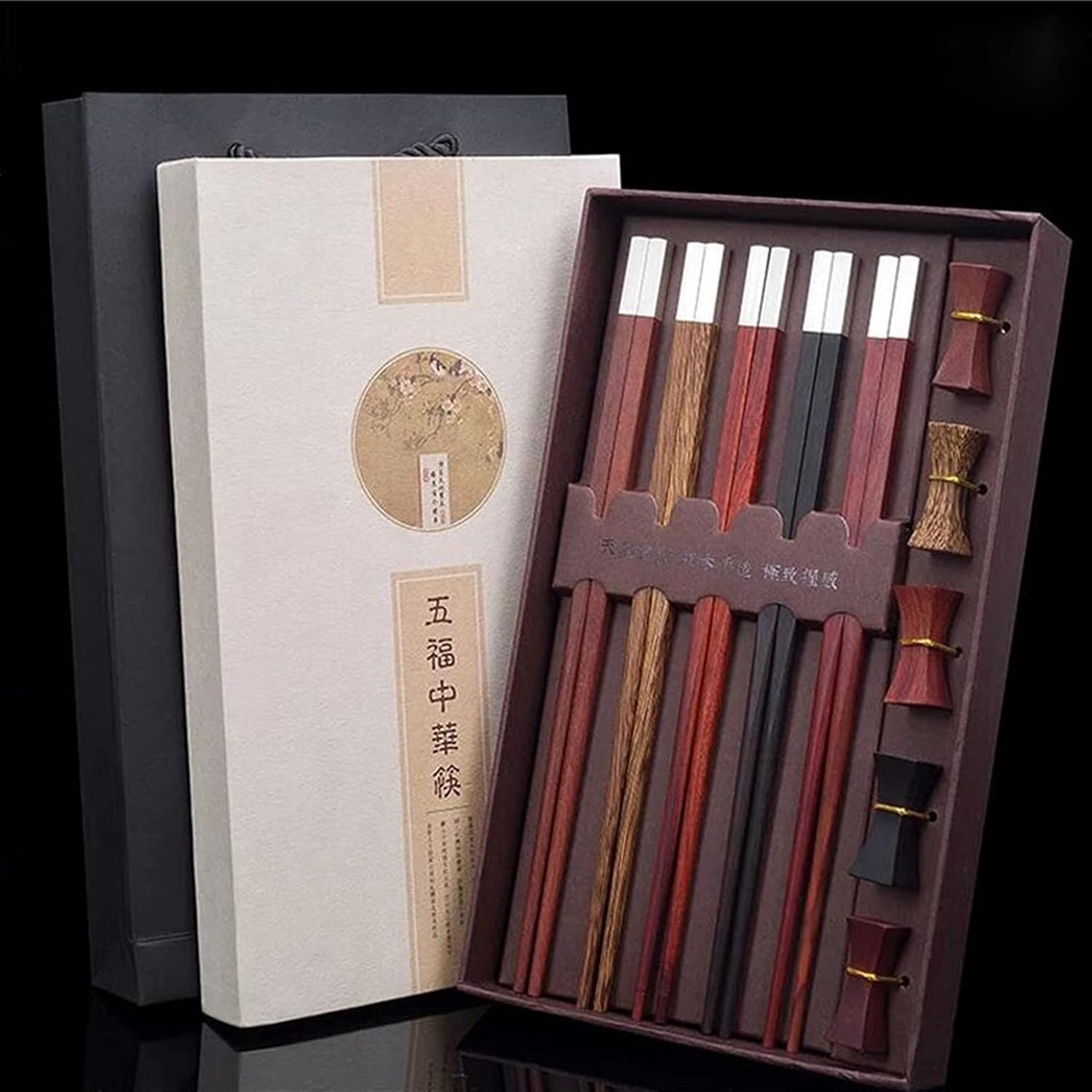 5 P Bacchette E Poggia Bacchette Set Regalo, Bacchette di Legno Riutilizzabili Leggere Bacchette Ramen, Silver