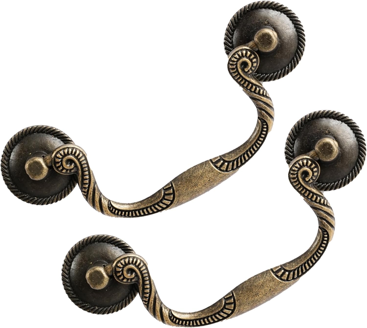 Antique Brass Drop Bail Drawer Pulls 4 Pack, 3-5/8" Hole Center, Decorative Cabinet Handles with Rope Edge Design, Vintage Style Furniture Hardware for Dresser