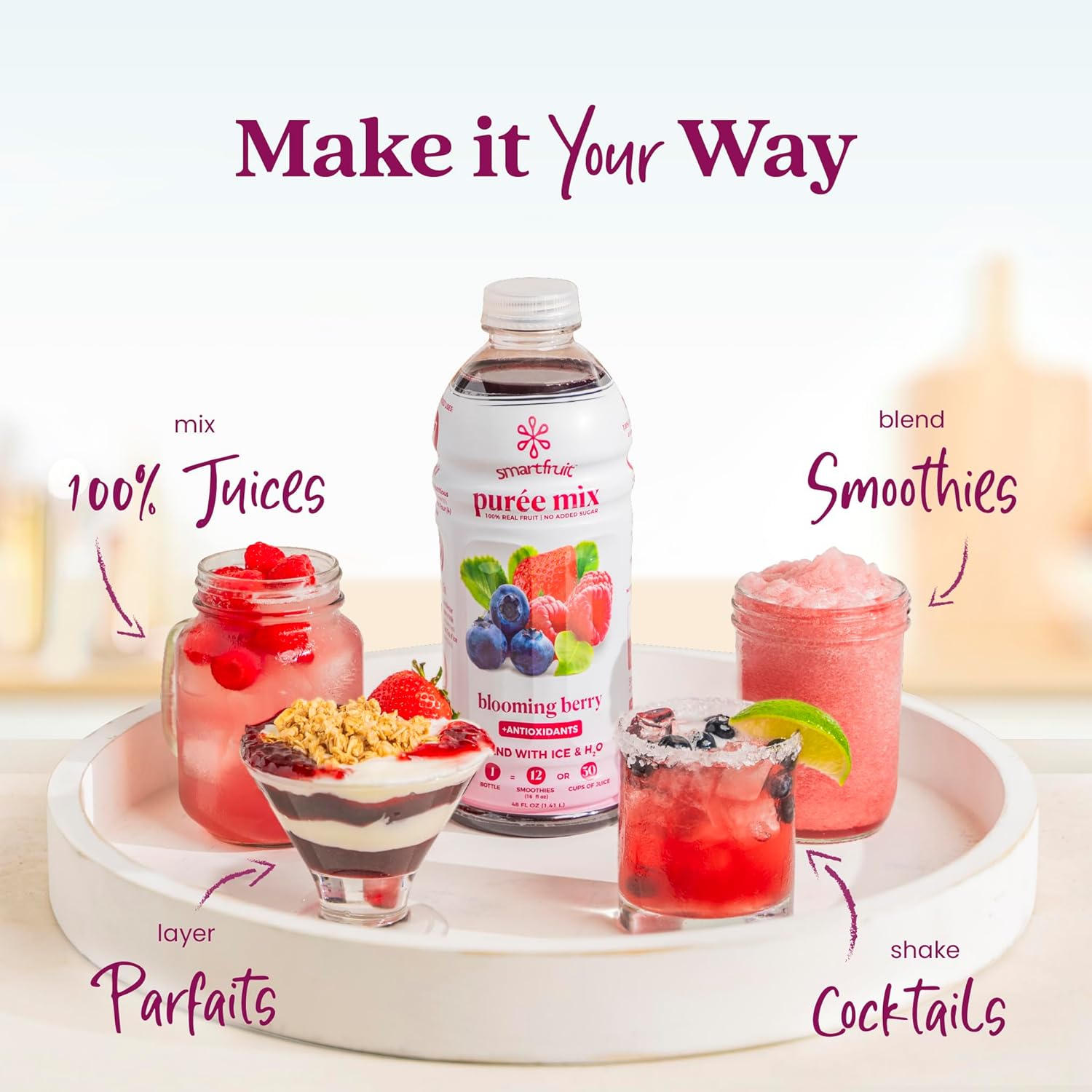 Smartfruit Blooming Berry + Antioxidants – 100% Real Fruit Purée with Strawberries, Blueberries, Raspberries – Great for Smoothies, Juice, Yogurt, Cocktails, Teas – High in Vitamin A & C – 2-Pk, 48oz Each