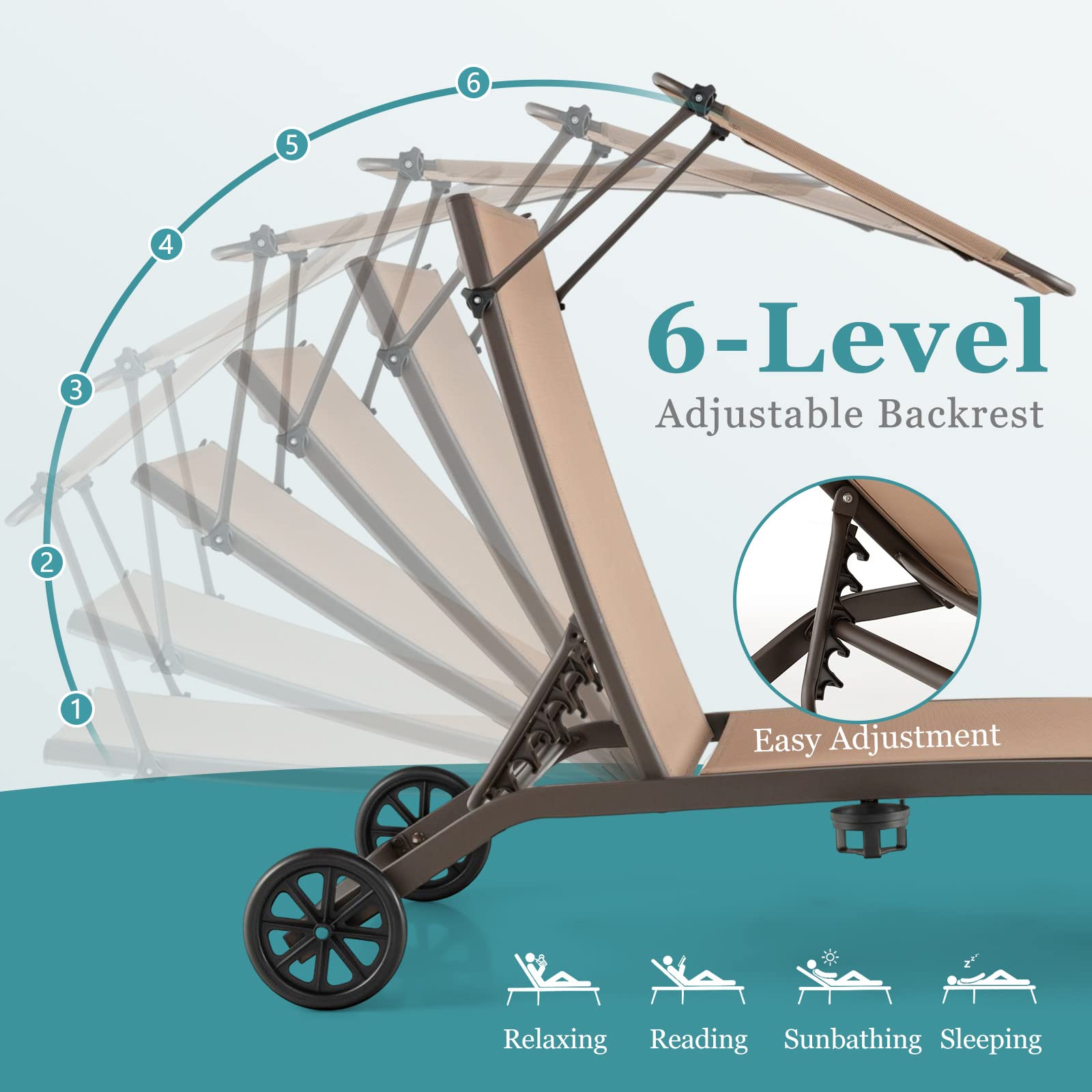 KOMFOTTEU Tumbona con Toldo de Jardín, Tumbona con Respaldo Ajustable de 6 Niveles, Silla Reclinable con Ruedas y Soporte para Bebidas, Tumbona de Playa de Tela con Carga 150 kg (Marrón x 2)