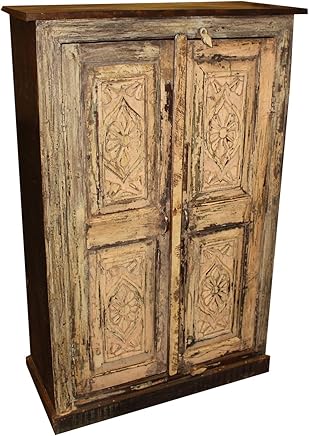 Mogul Interior Rustic Antique Cabinet Floral Blush Carving Bohemian Storage Armoire