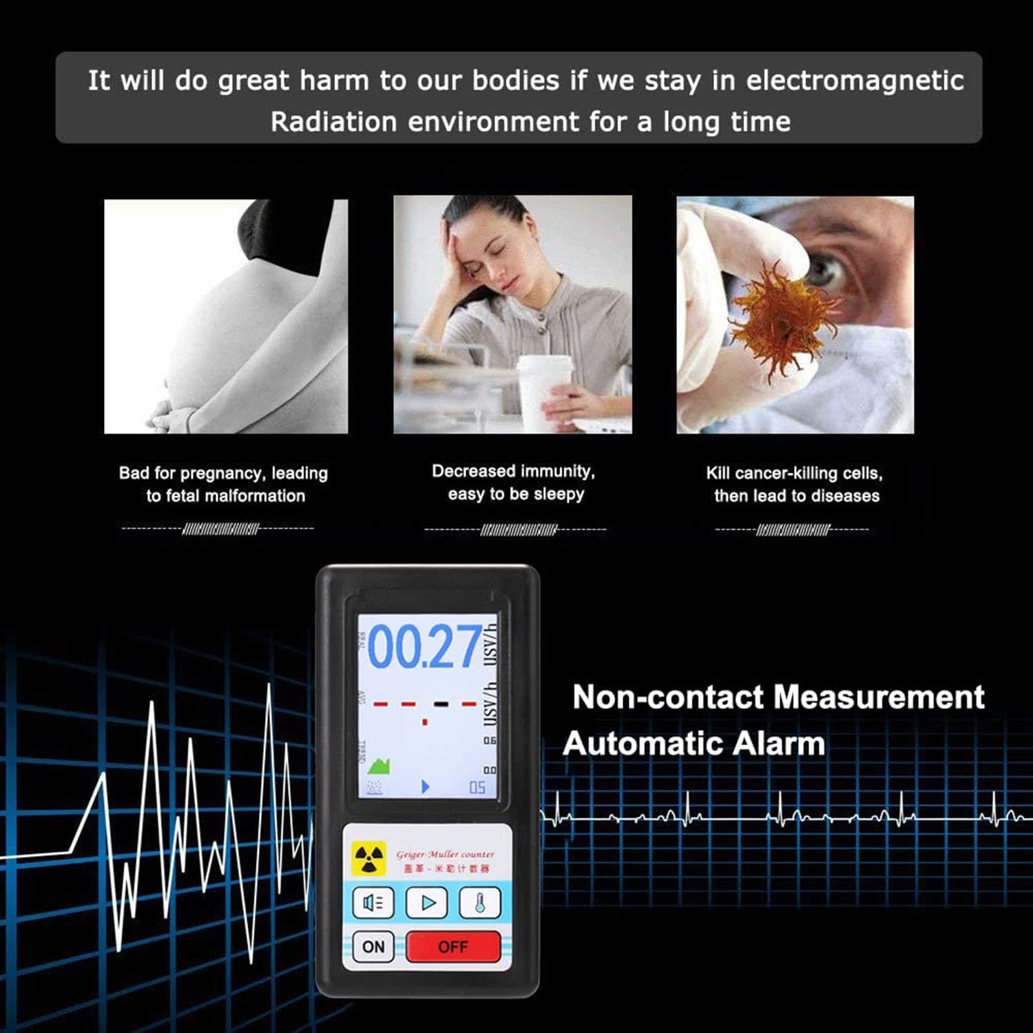 Detector de radiación nuclear de contador Geiger, probador de rayos X de rayos gamma beta, detector radiactivo, medidor de mármol de dosímetro personal medidor dosímetro portátil,Black