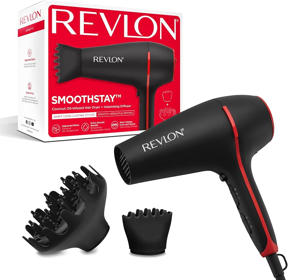 Revlon SmoothStay Sèche-cheveux avec infusion d'huile de coco - RVDR5317 | 2000 W, , 2 accessoires, peigne diffuseur et concentrateur, technologie ionique tourmaline céramique
