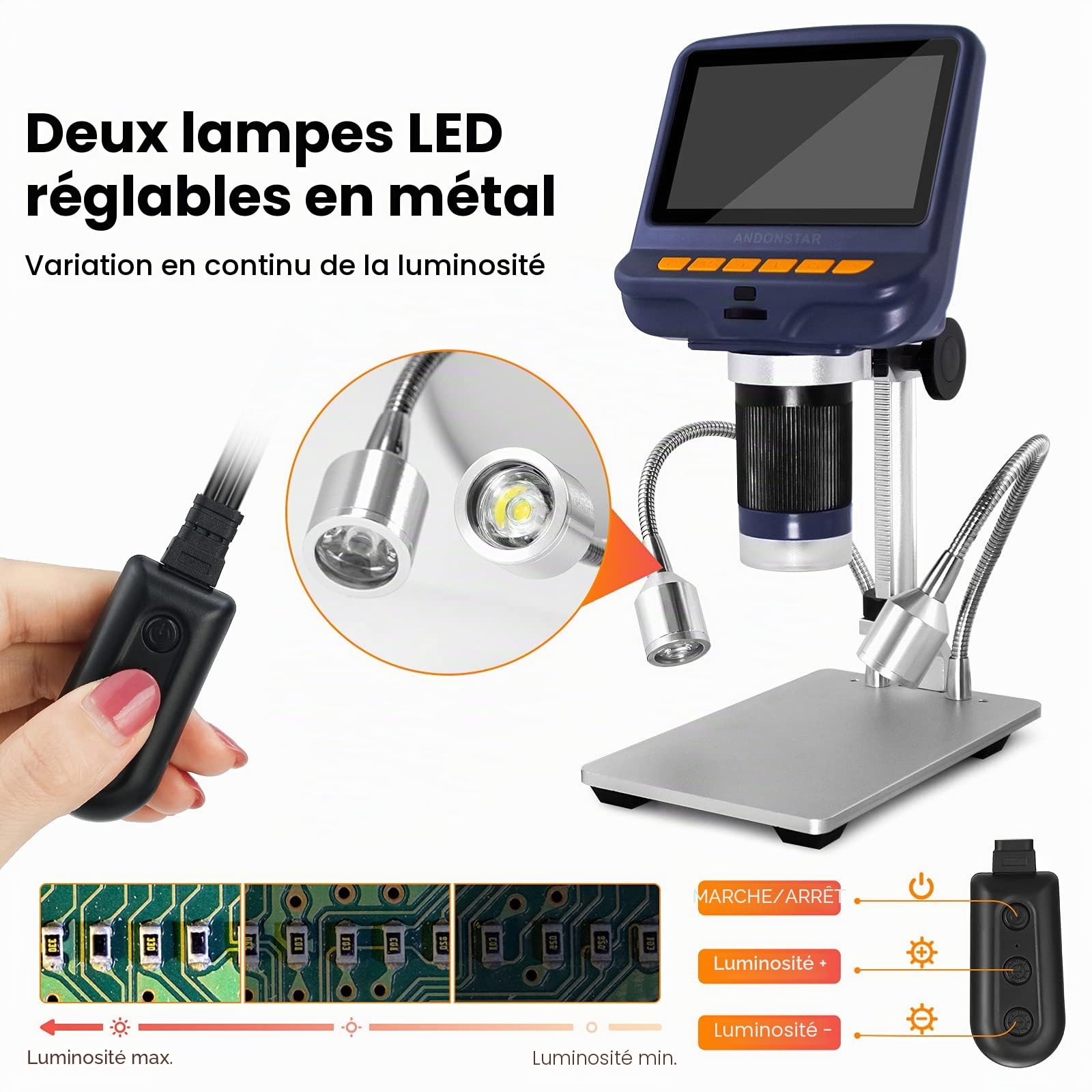 Andonstar AD106S Microscope numérique USB 4,3" pour soudure/PCB/montre/téléphone, avec support et télécommande infrarouge