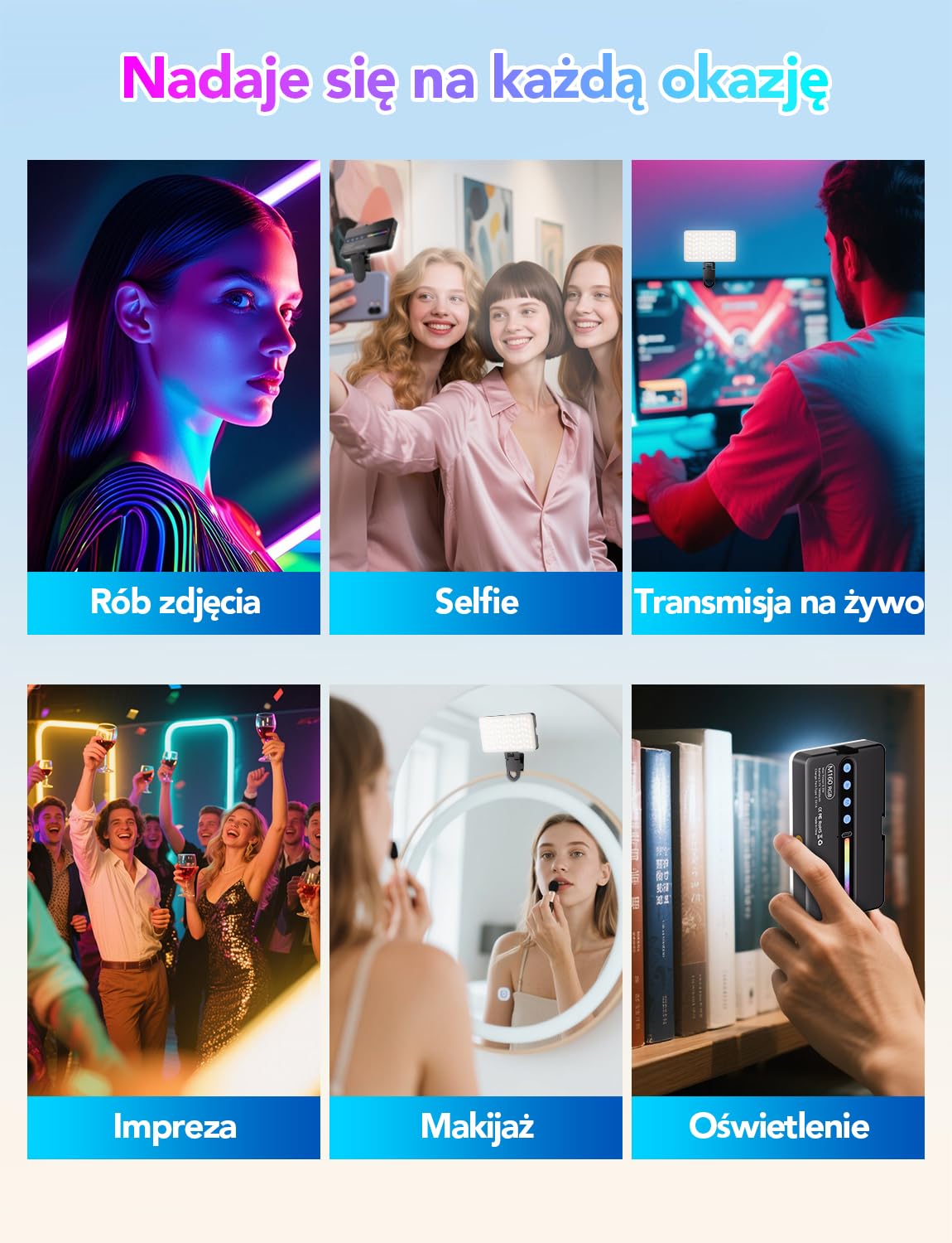 Lampki do Selfie RGB, 138 Światło Kamery LED 360° Pełnokolorowe Przenośne Oświetlenie Fotograficzne z 30 Trybami Scen 10 kolorów, Akumulatorowe Oświetlenie wideo CRI 95, do Telefonu, Aparatu | 360° Pełnokolorowe Przenośne Oświetlenie Fotograficzne Akumula