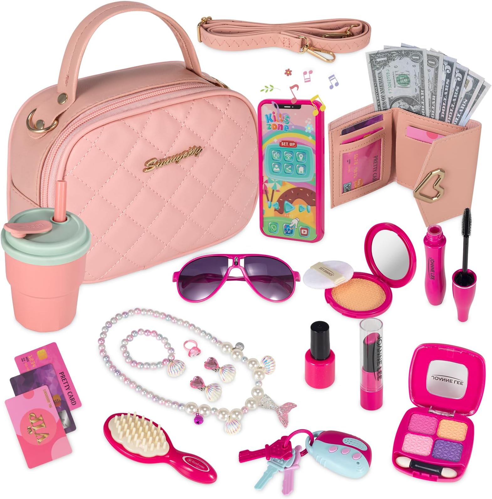 TopBethsLittle Girls Play Purse, Kids Toy Purse and Pretend Makeup Kits for Toddlers -My First Purse Set Include Handbag, Phone, Wallet, Play Mermaid Jewelry, Pretend Play Girl Toys, Gift for Girls 3 4 5 6 7
