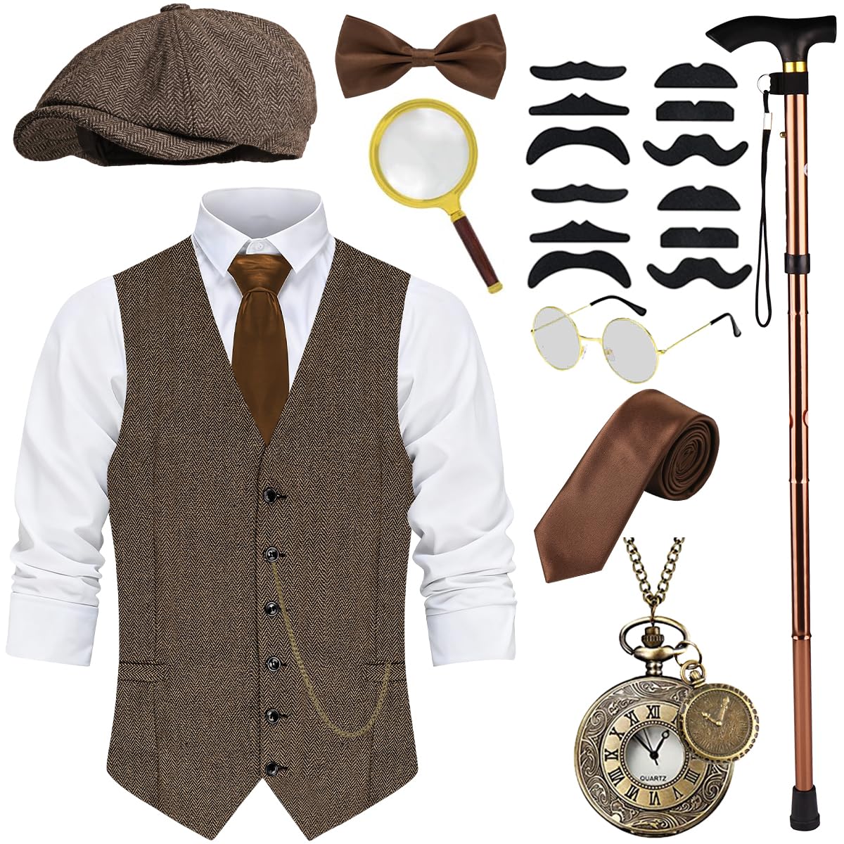 WILDPARTY Kostium męski w stylu lat 20. XX wieku, z akcesoriami, składany zegarek kieszonkowy z kulą, okulary do brody, krawat, mucha, kostium mafii w stylu lat 20., gangster Peaky Blinders, karnawał,