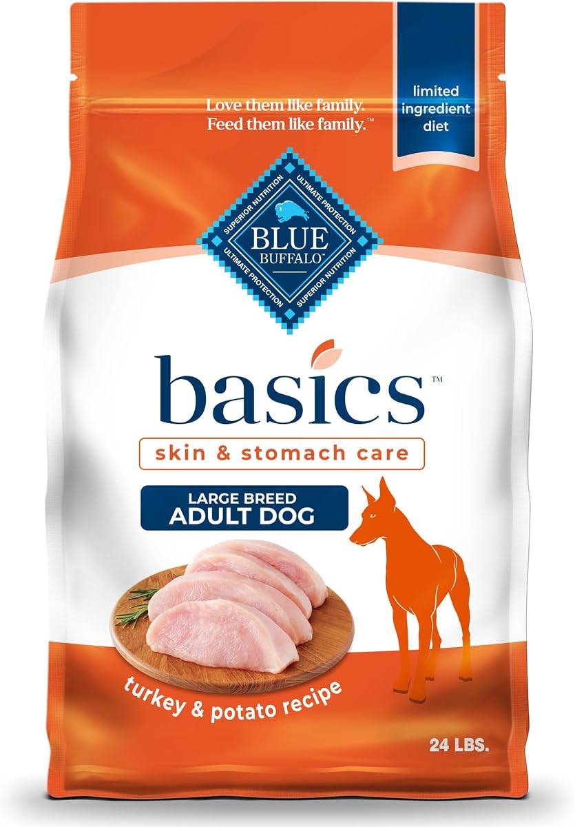 Blue Buffalo Basics Large Breed Adult Dry Dog Food, Skin & Stomach Care, Limited Ingredient Diet for Dogs, Turkey Recipe, 24-lb Bag