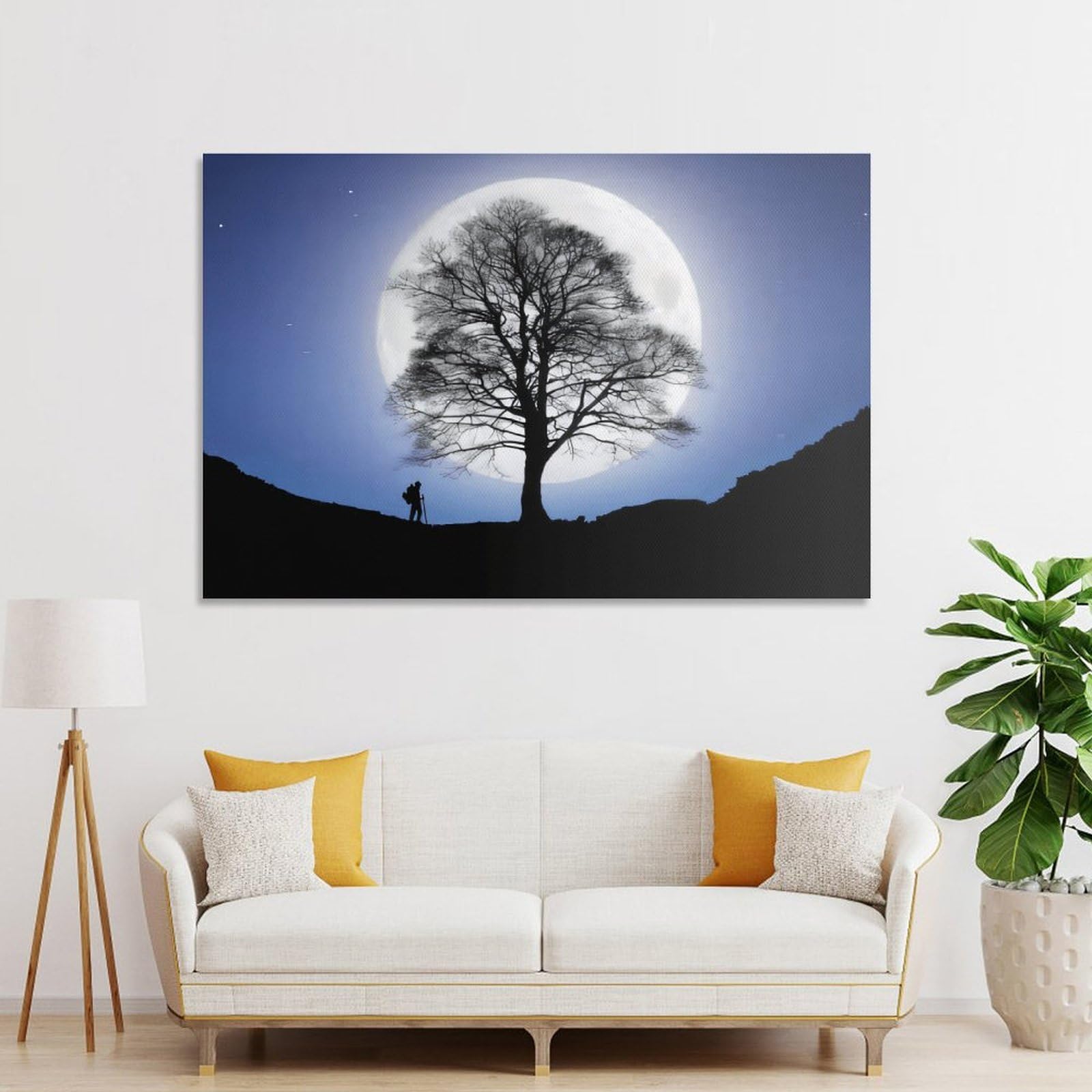 Junmoney Moonlit Hiker Silhouette Wall Picture Print, 24x36inch(60x90cm), for Lounge, Study, Hallway Or Flat Walls, Canvas Wall Art That Fits Changing Layouts