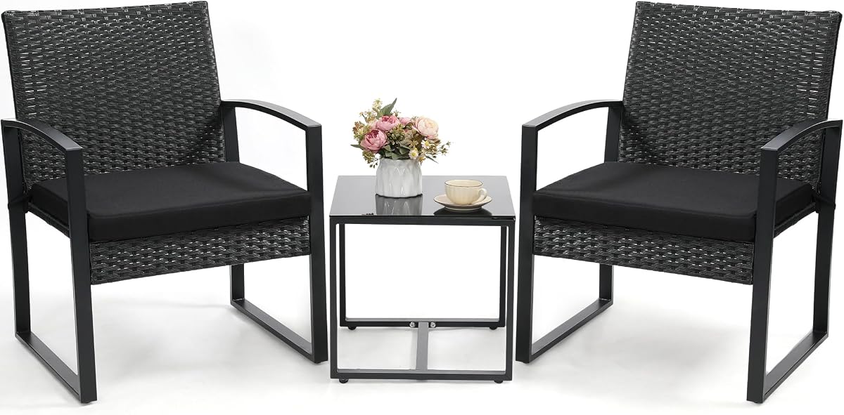 Outdoor 3-Piece Wicker Bistro Set, Patio Conversation Set | 2 chairs with Coffee Table, for Balcony, Porch, Garden, Yard, Poolside, Black Frame & Black Cushion