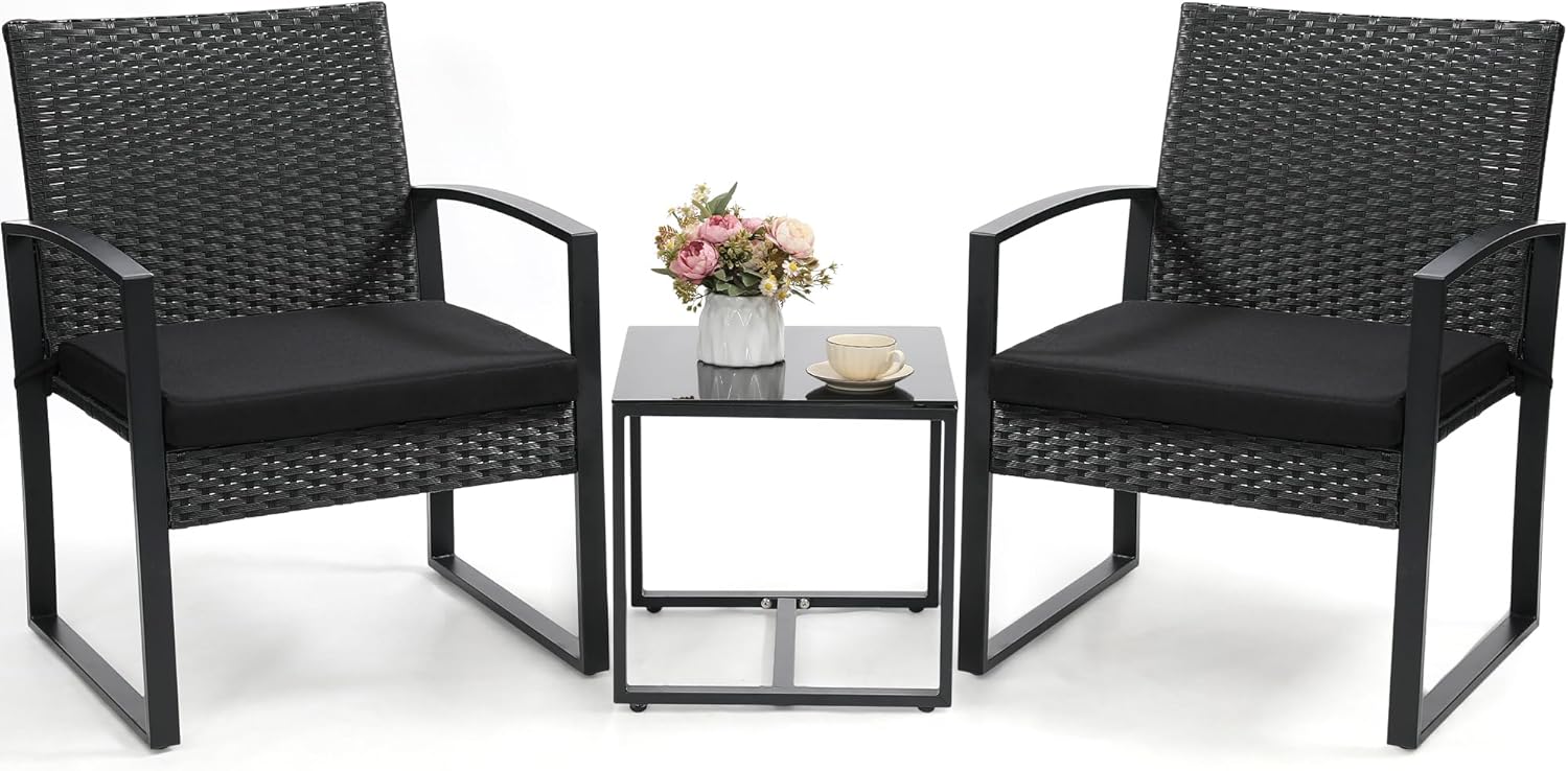 Murago Outdoor 3-Piece Wicker Bistro Set, Rattan Patio Conversation Set with Coffee Table, for Backyard Garden Poolside, Black Frame & Black Cushion