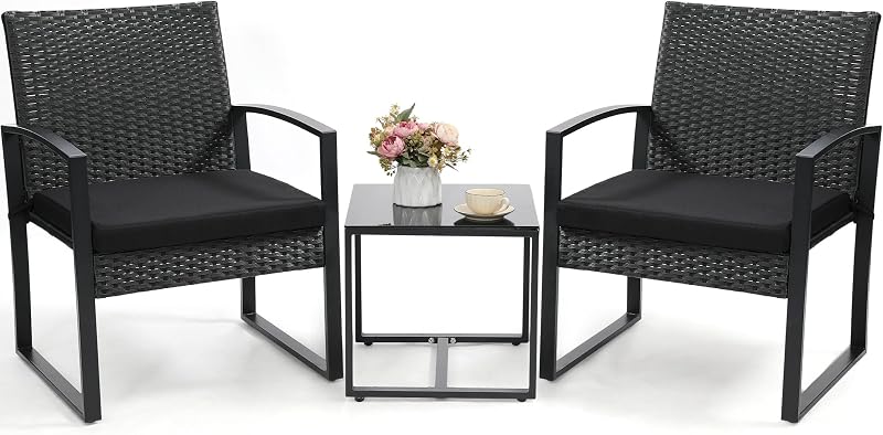 Outdoor 3-Piece Wicker Bistro Set, Patio Conversation Set | 2 chairs with Coffee Table, for Balcony, Porch, Garden, Yard, Poolside, Black Frame & Black Cushion