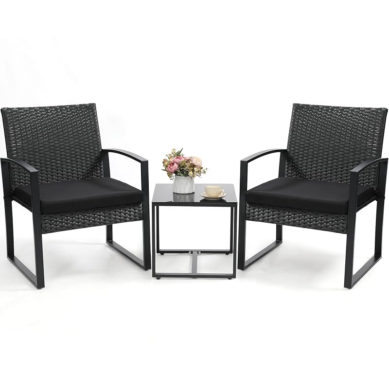Murago Outdoor 3-Piece Wicker Bistro Set, Patio Conversation Set New-black-3pcs