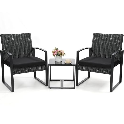 Murago Outdoor 3-Piece Wicker Bistro Set, Rattan Patio Conversation Set with Coffee Table, for Backyard Garden Poolside, Black Frame & Black Cushion