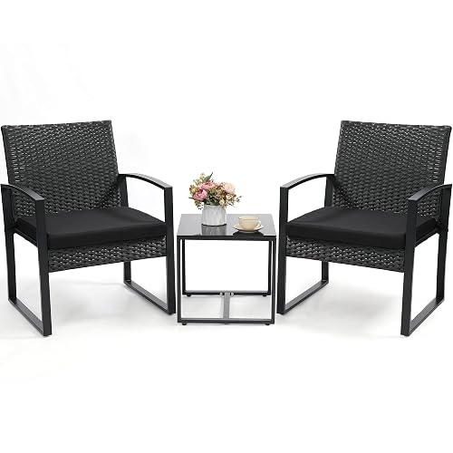 Murago Outdoor 3-Piece Wicker Bistro Set, Patio Conversation Set | 2 chairs with Coffee Table, for Balcony, Porch, Garden, Yard, Poolside, Black Frame & Black Cushion