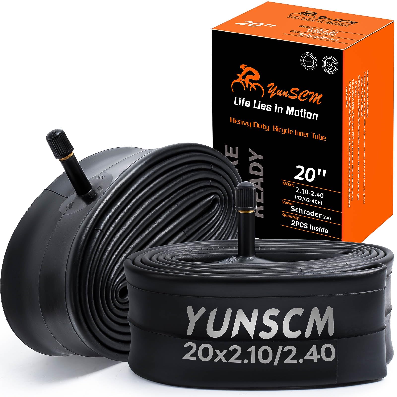 YUNSCM 2-PCS 20" Heavy Duty Bike Tire Tubes 20x2.10/2.40 Schrader Valve (52/62-406) 20 Bicycle Inner Tubes Compatible with 20x2.10 20x2.125 20x2.20 20x2.25 20x2.3 20x2.35 20x2.4 Tire Tubes