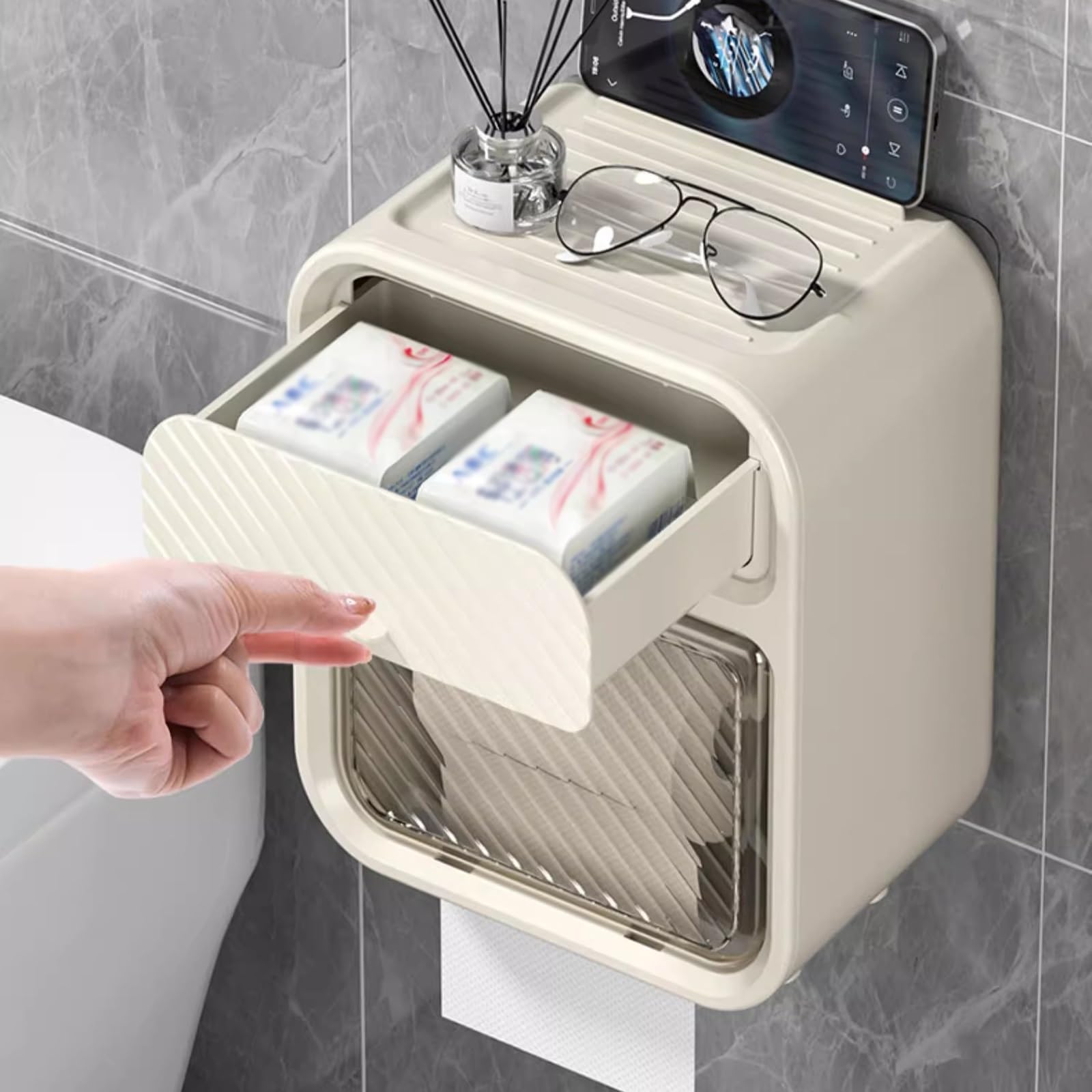 LYGSWDB Pudełko na papier toaletowy z szufladą, uchwyt na papier toaletowy montowany na ścianie, samoprzylepny stojak na papier toaletowy. Pudełko na chusteczki