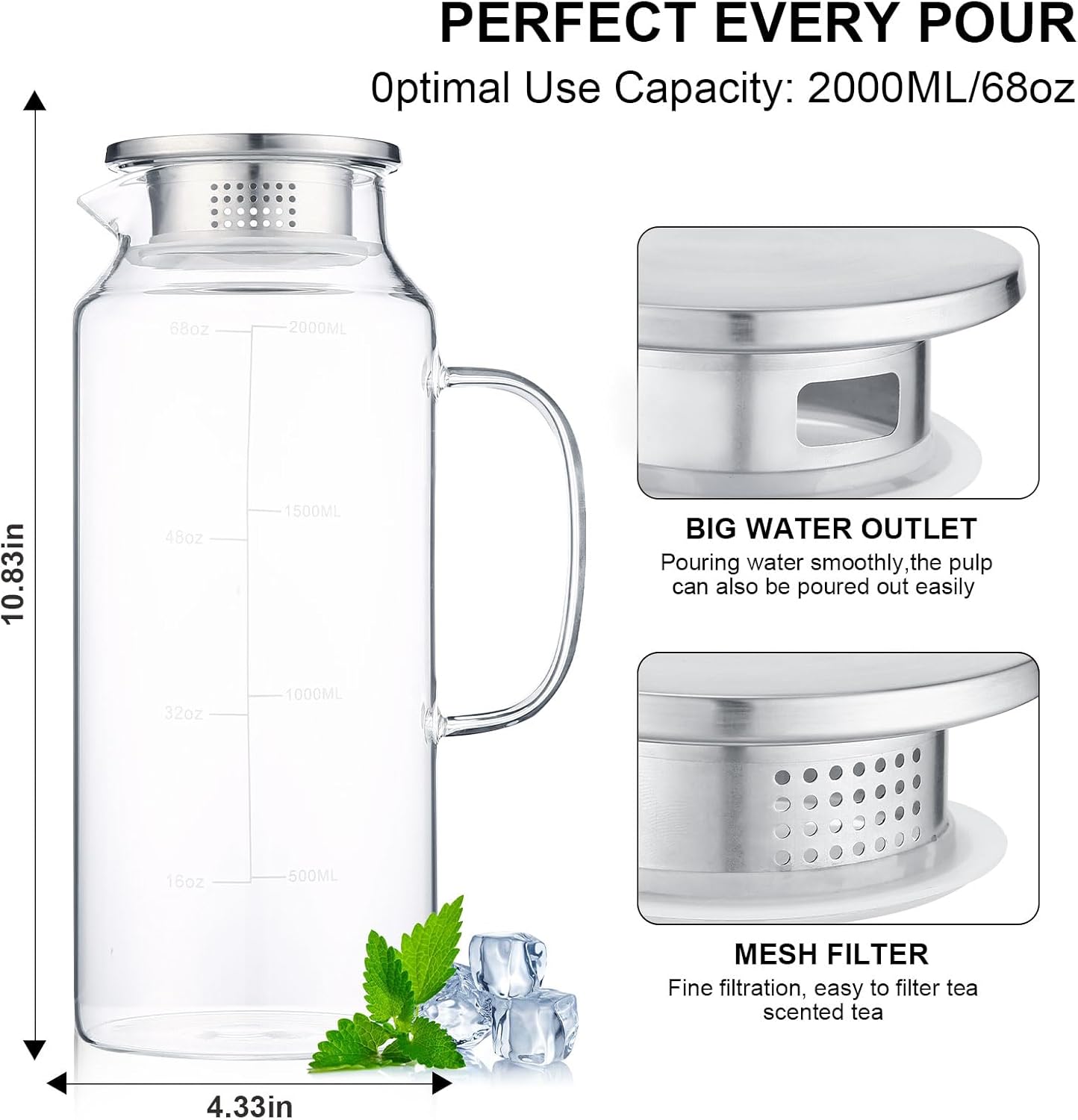 2-Pack Glass Pitcher with Lid, 68oz 2 Quart Water Pitchers With Handle for Fridge. Glass Carafe for Hot/Cold Drink, Large Jug for Iced Tea, Lemonade, Coffee, Juice, Milk - Image 6