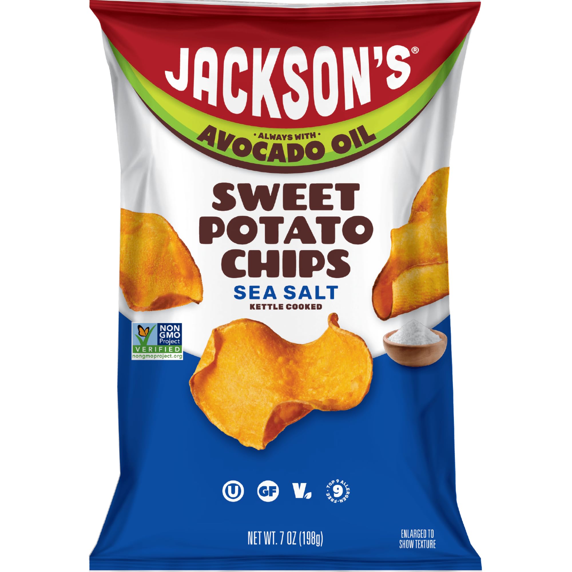 Jackson’s Sweet Potato Kettle Chips with Sea Salt made with Premium Avocado Oil (7 Ounce, Pack of 6) - Allergen-friendly, Gluten Free, Peanut Free, Vegan, Paleo Friendly - Shark Tank Product